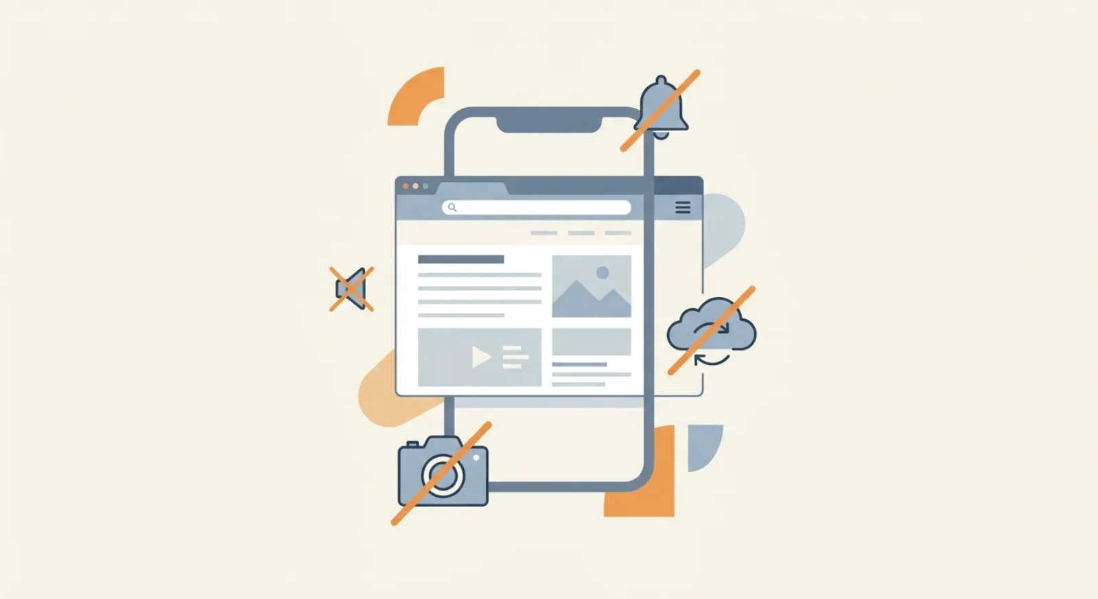 Illustration of a web page inside a phone browser with camera, notification, and sync icons crossed out