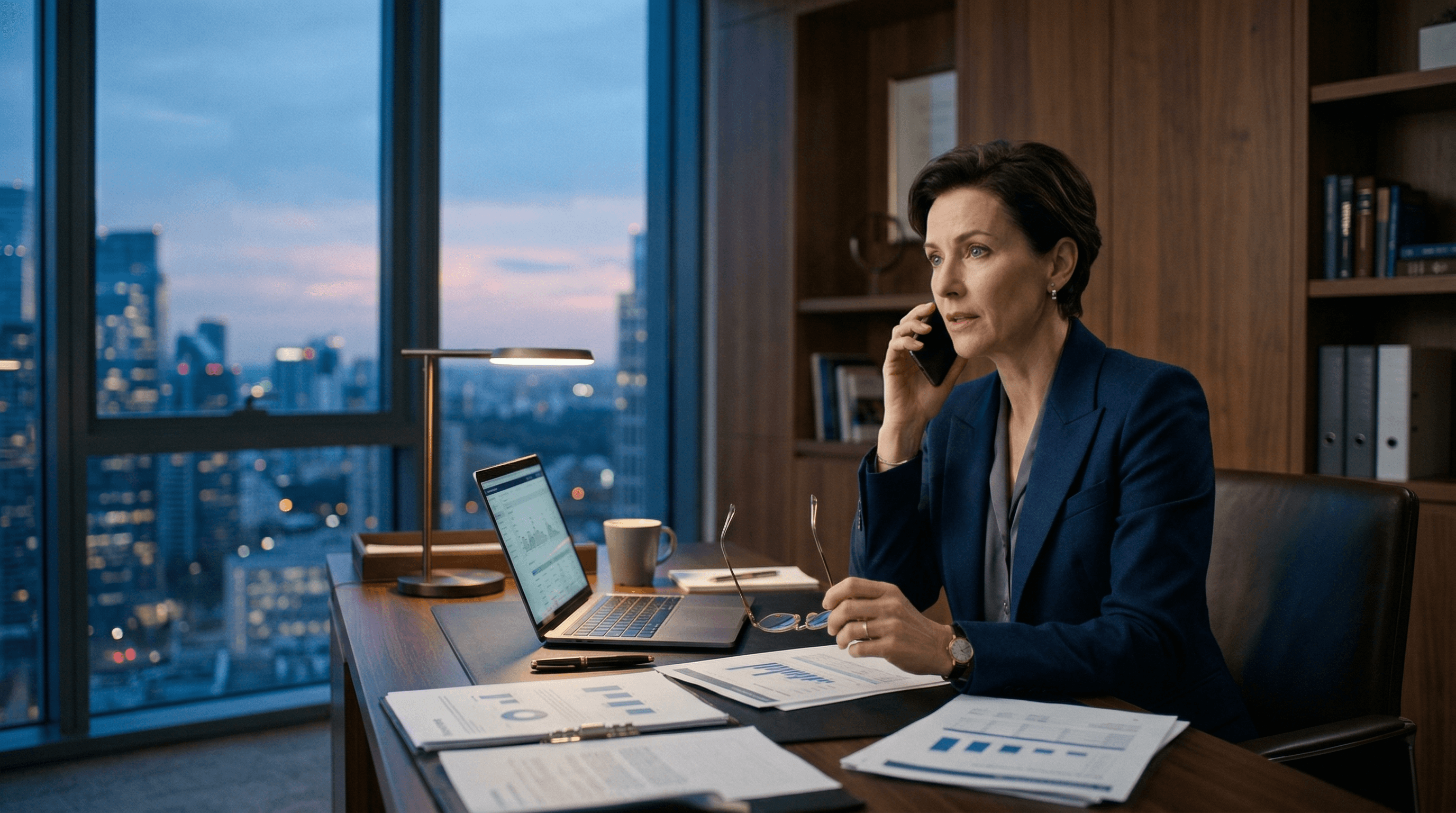 Professional woman working late in a modern office, reviewing financial documents and coordinating complex income planning