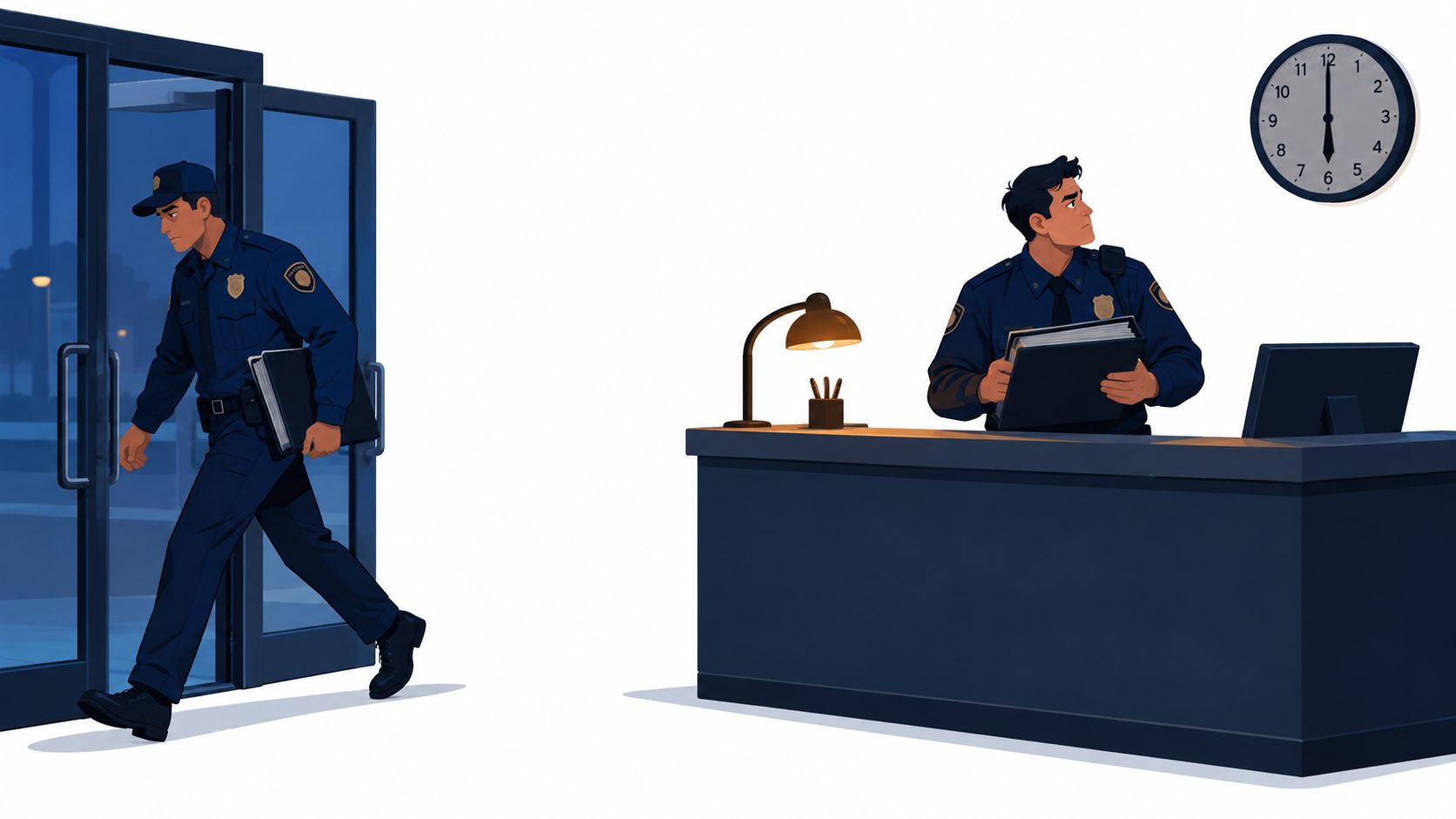 A security guard arrives for his shift while another guard leaves the station at six o'clock.
