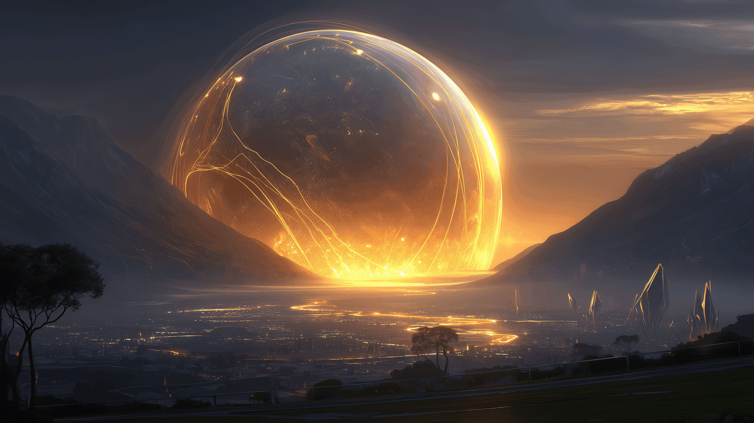 A stunning fantasy landscape features towering cliffs with ancient structures, illuminated by a warm sunset glow.