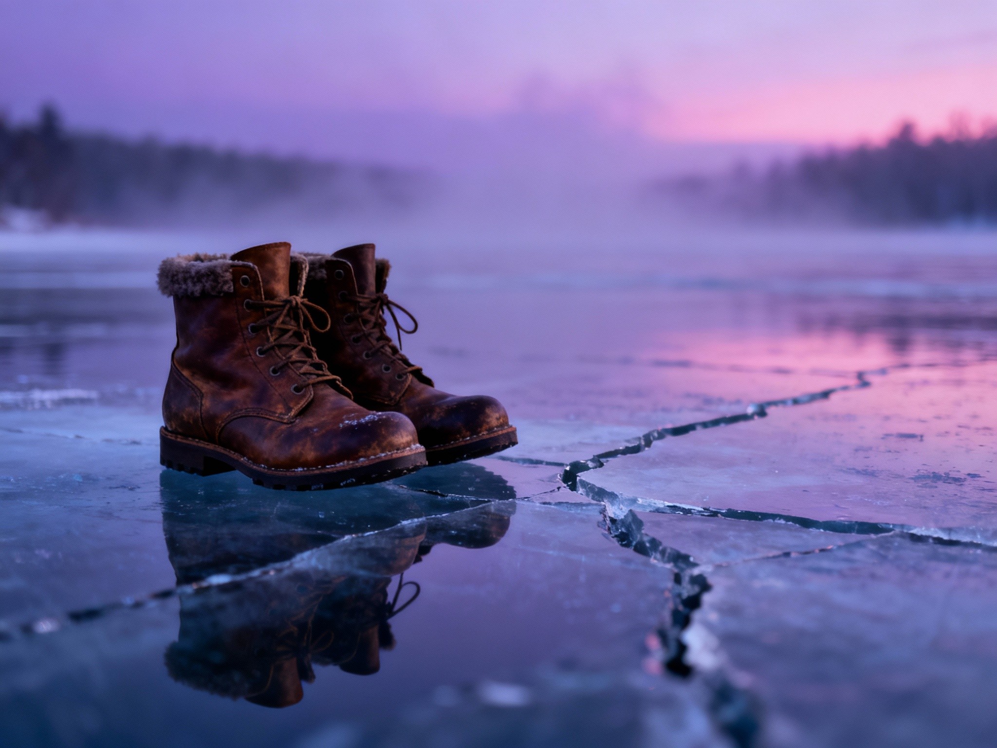 An expansive view of a pair of vintage leather winter boots resting on cracked ice near a frozen