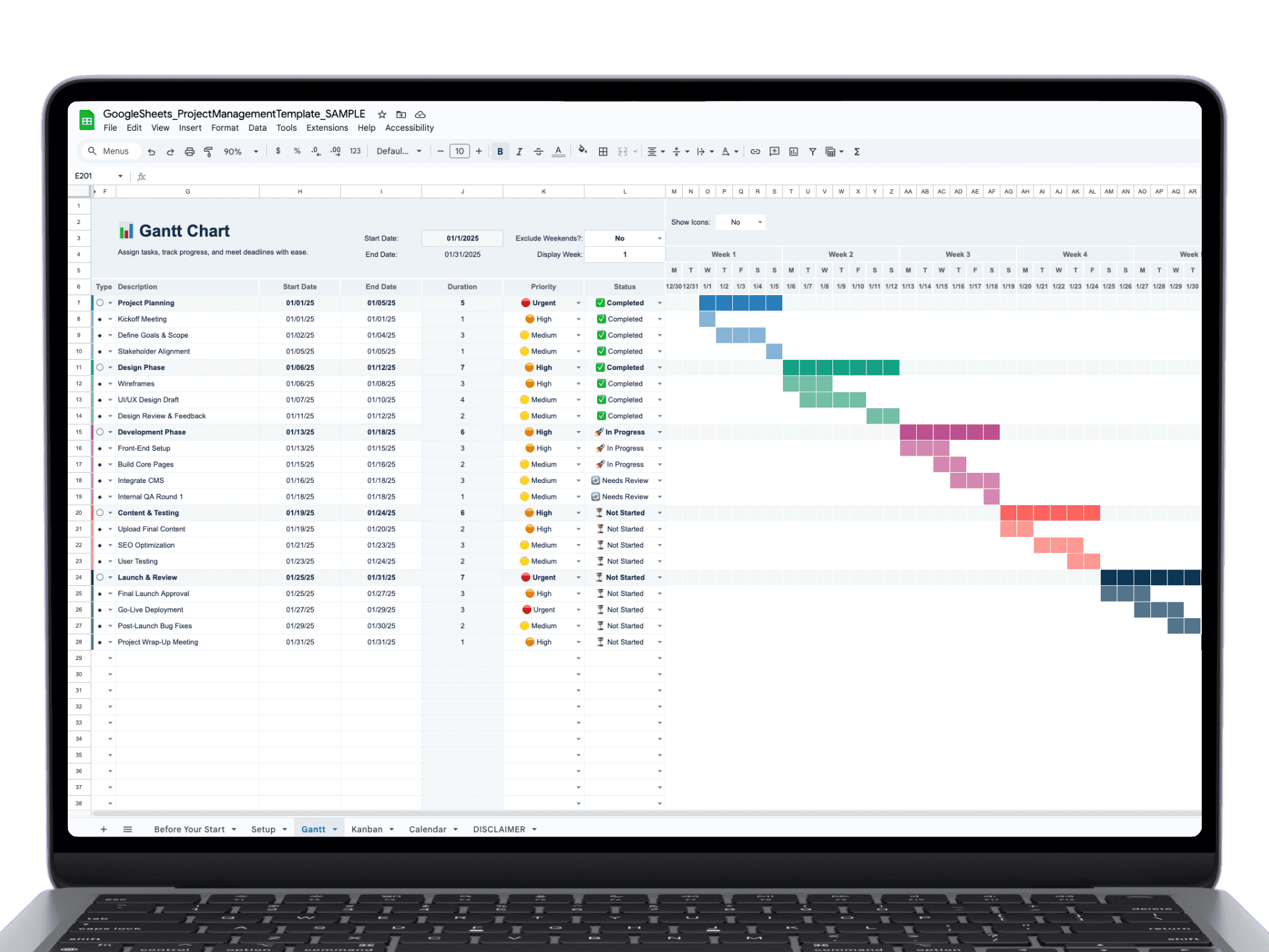 Laptop mockup of the Ultimate Project Tracker Gantt chart in Google Sheets with tasks, dates, priorities, and color-coded timeline bars for early 2025