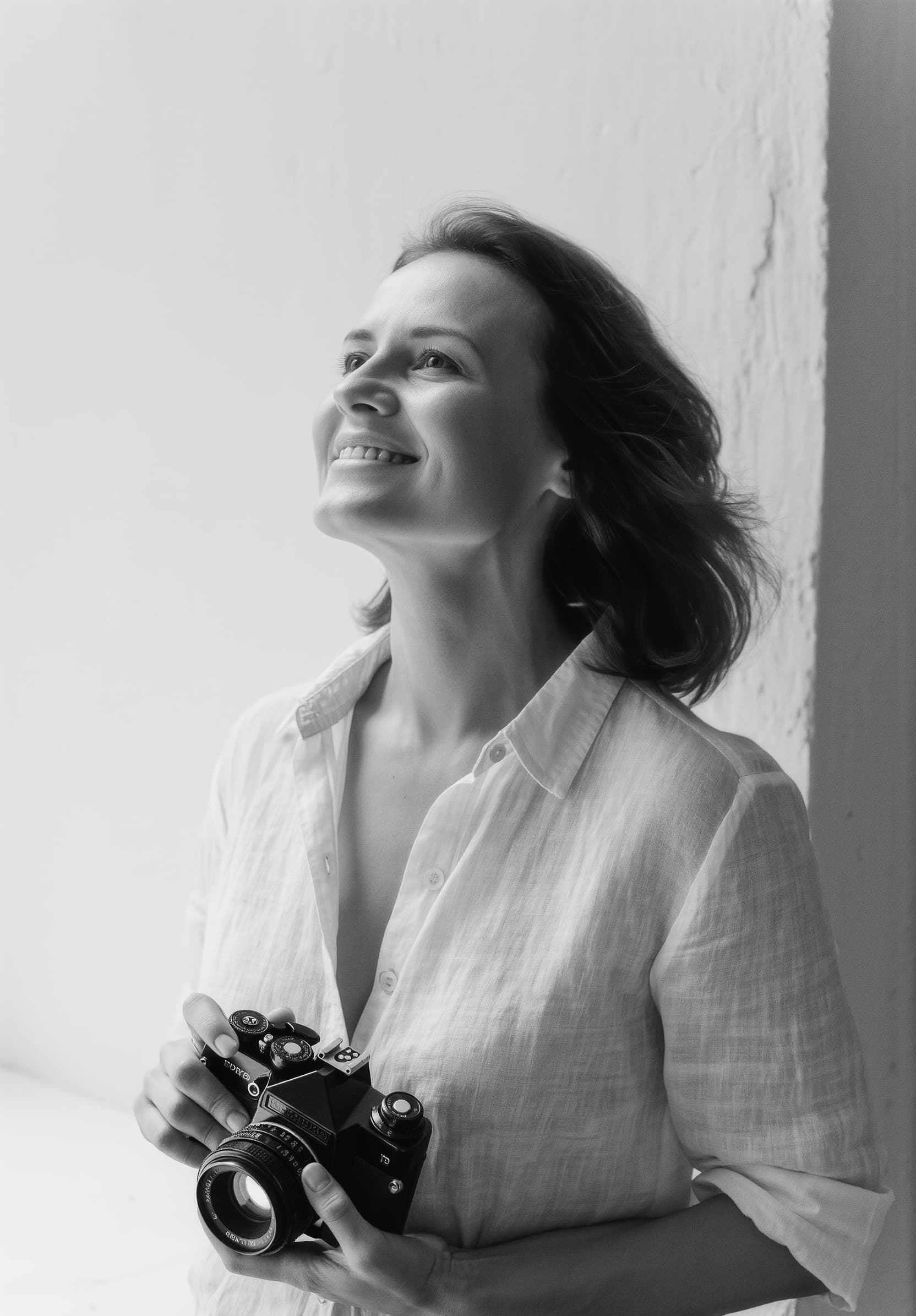 Portrait of wedding photographer – woman laughing outdoors, black and white photo