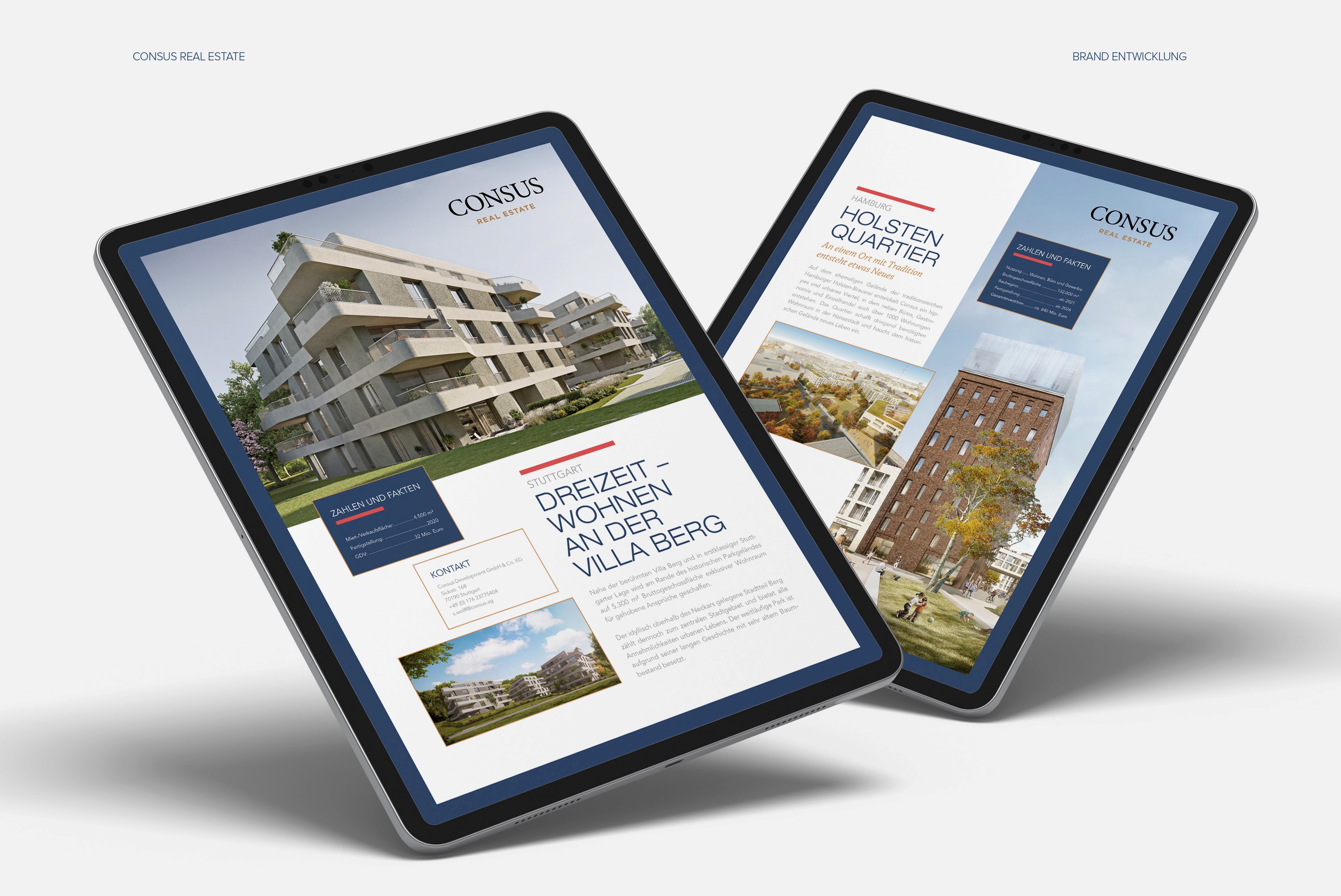 Editorial Design für Unternehmensberichte von Consus Real Estate – strukturierte Seiten, großzügige Weißräume und klare Markenführung.