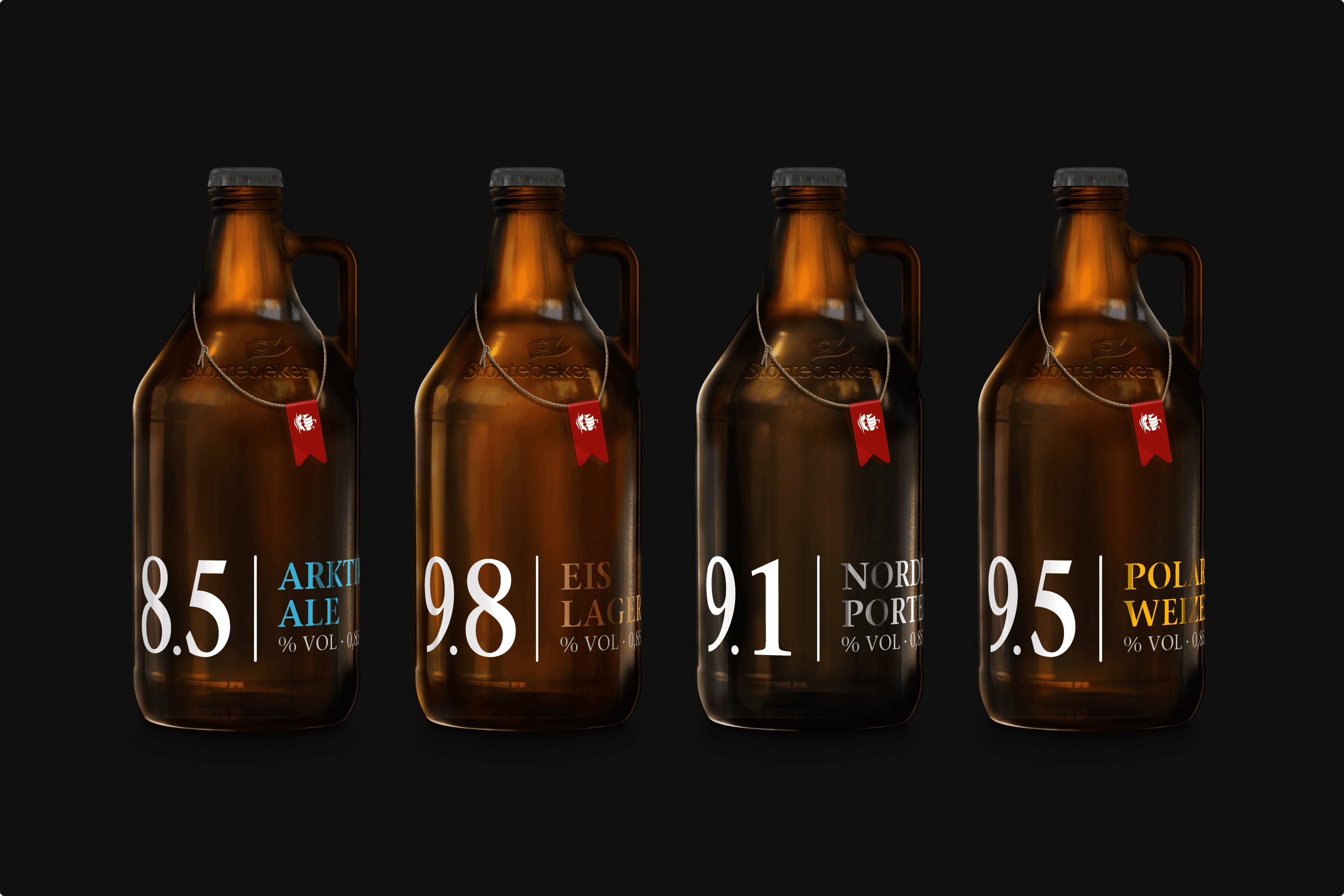 Four amber beer growlers with labels.