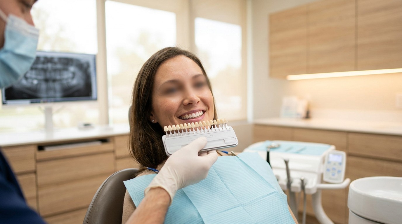 A dentist shows a patient a tooth shade guide during a cosmetic consultation.