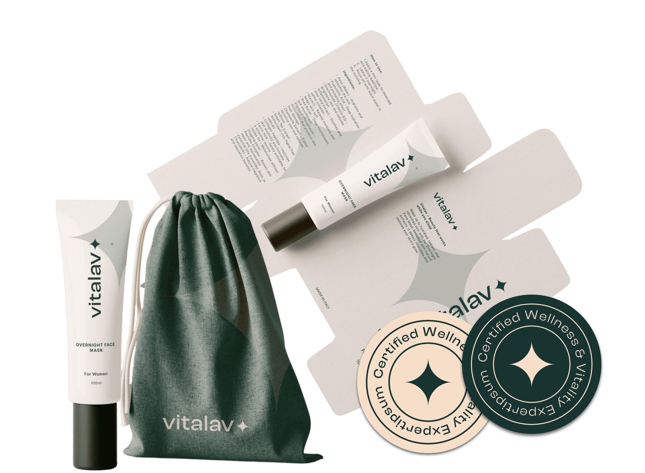 Full branding suite including tubes, pouches, stickers, and brand cards for a beauty brand named ‘Vitalav’, showing cohesive visual identity.