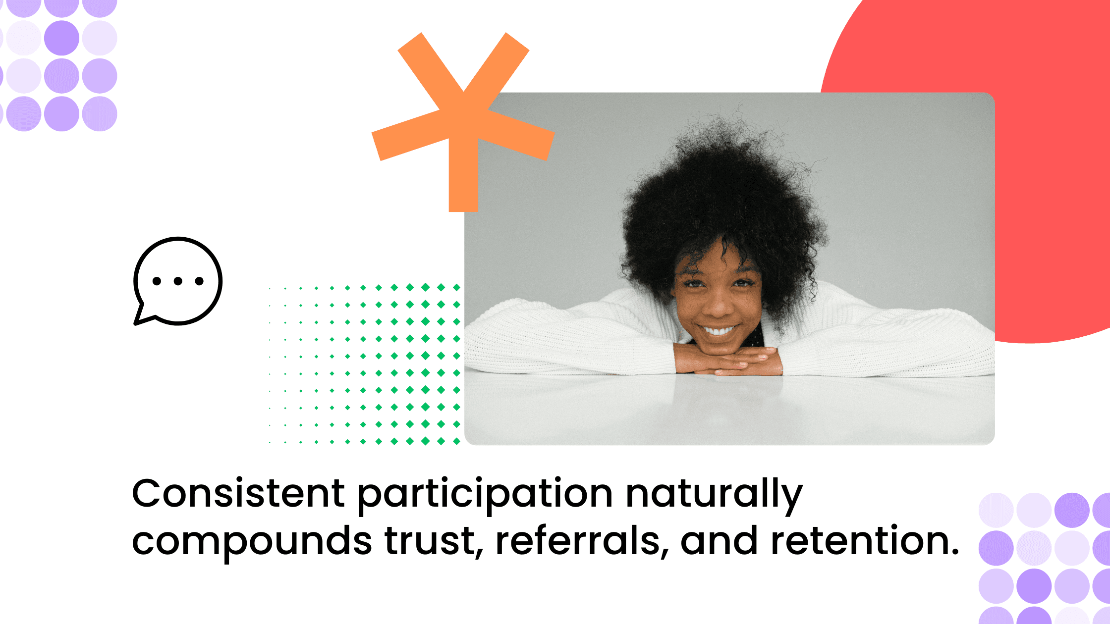 Smiling woman with curly hair resting her chin on folded arms against a white background.