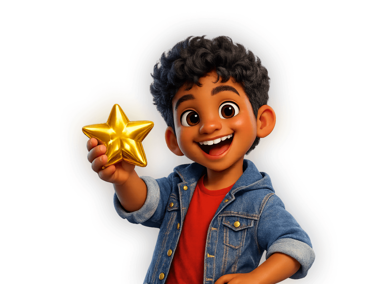 Illustration of a cheerful boy holding up a shiny gold star, smiling widely and wearing a denim jacket over a red shirt.