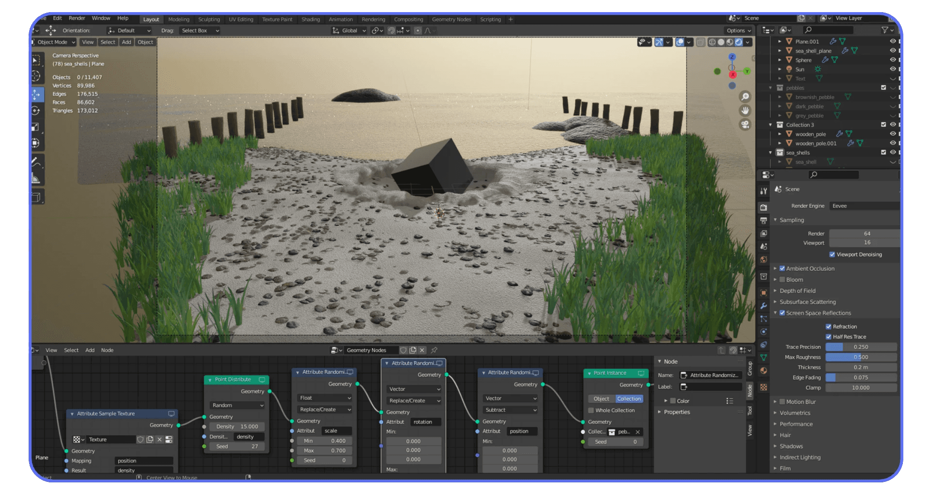 Blender scene showing a beach environment with grass, stones, and a cube partially sunk in the sand, using Geometry Nodes for procedural terrain setup.