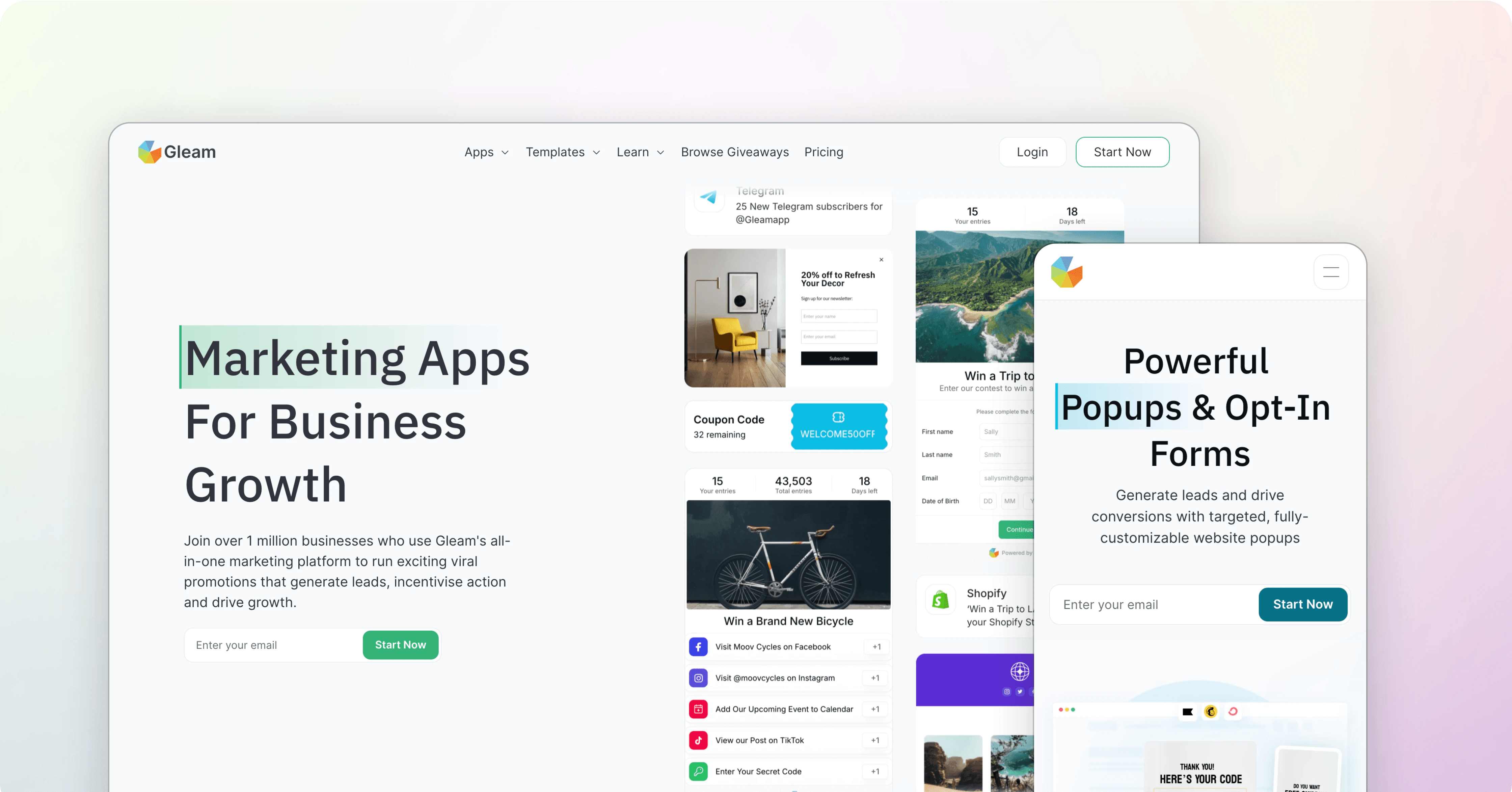 Gleam website homepage showcasing app integration options and examples of giveaways.