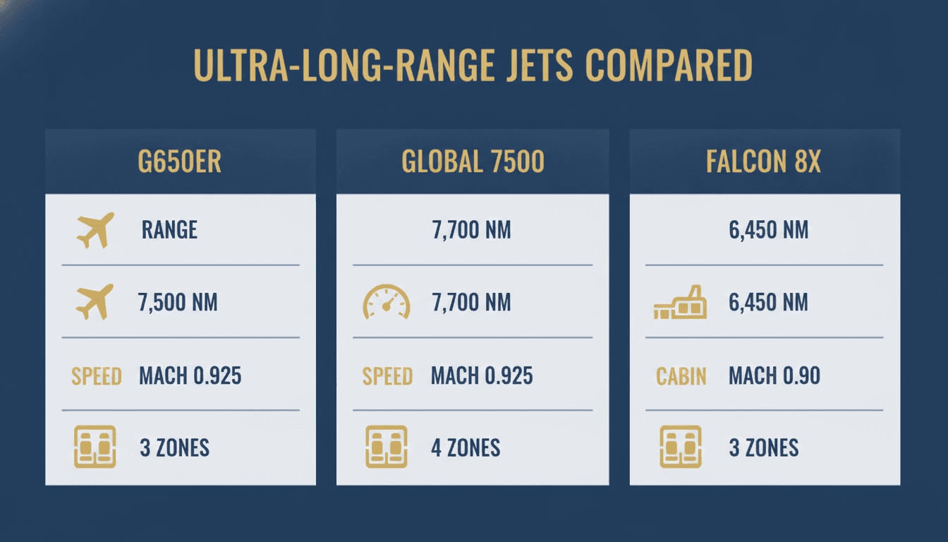 Infographic comparing G650 Global 7500 and Falcon 8X ultra-long-range private jet specifications