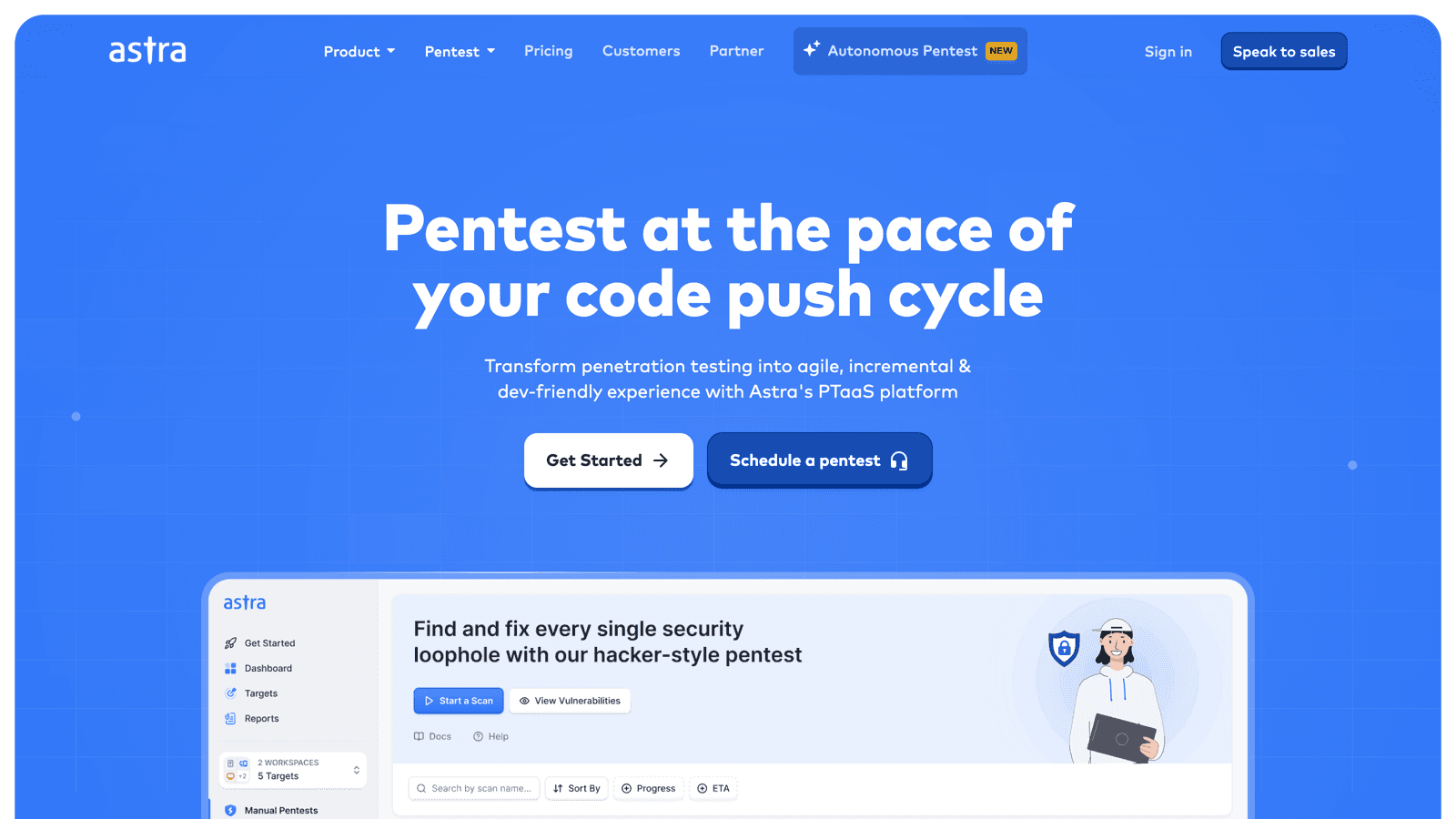 Astra PTaaS page with the pentest at the pace of your code push cycle headline and the platform dashboard showing targets and manual pentests
