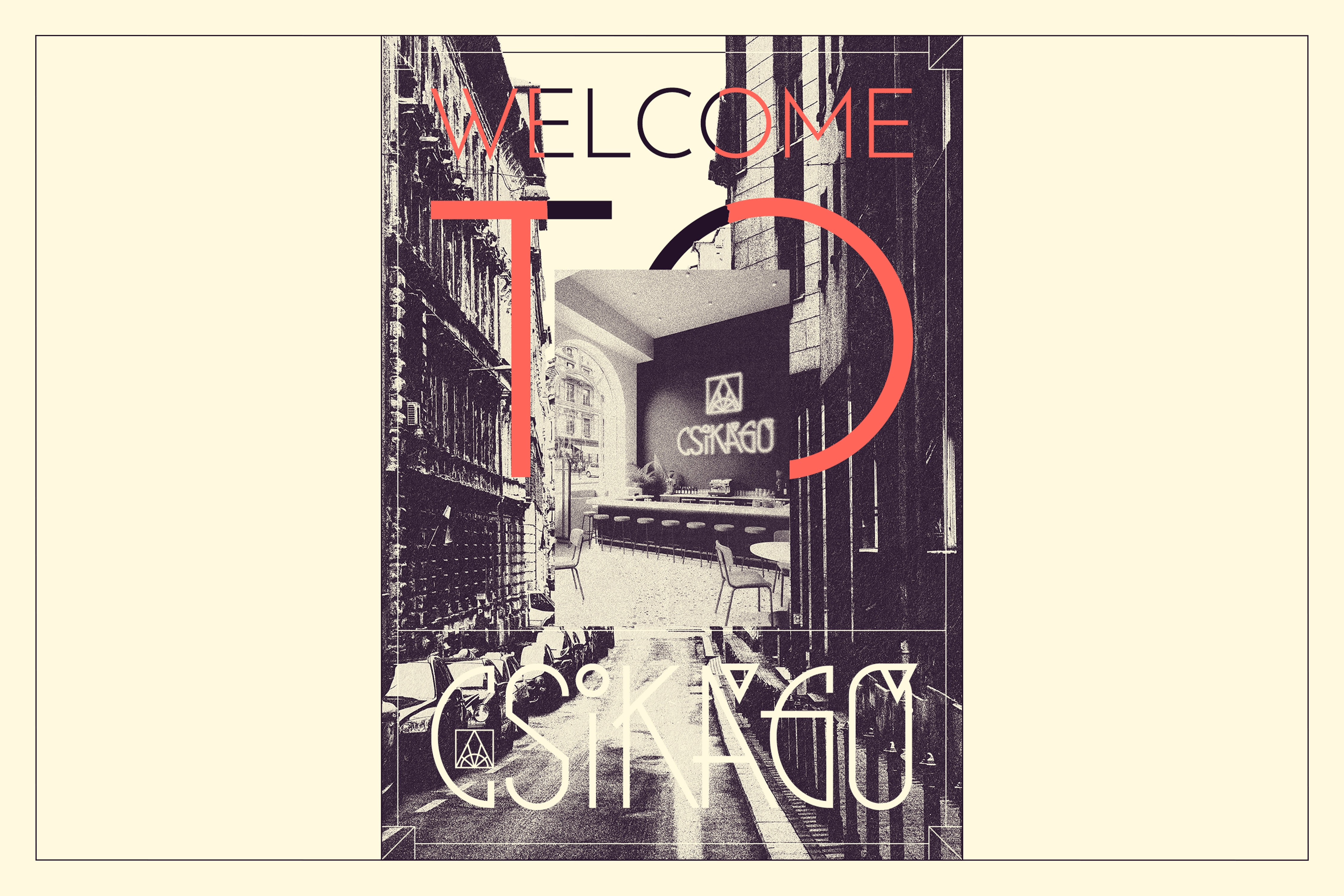 General brand poster featuring a grunge halftone photo of an urban street with the text "Welcome to Csikágó" and coral accents - Csikágó, a community space brand identity.