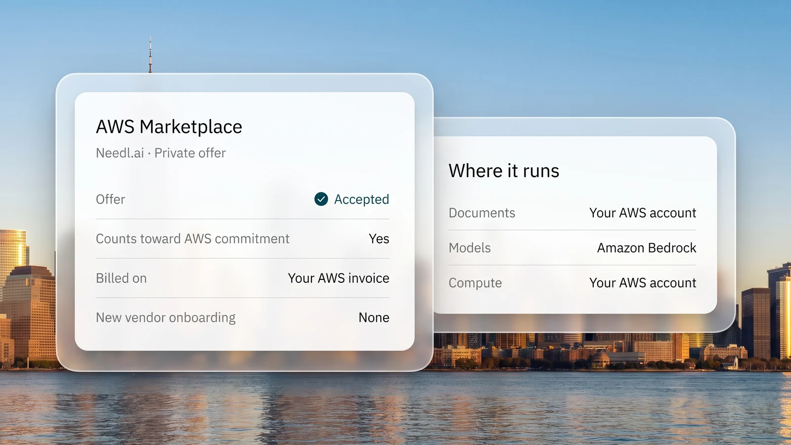 Needl.ai bought as a private offer on AWS Marketplace, billed on the client's AWS invoice, running with its documents, models and compute in the client's own AWS account