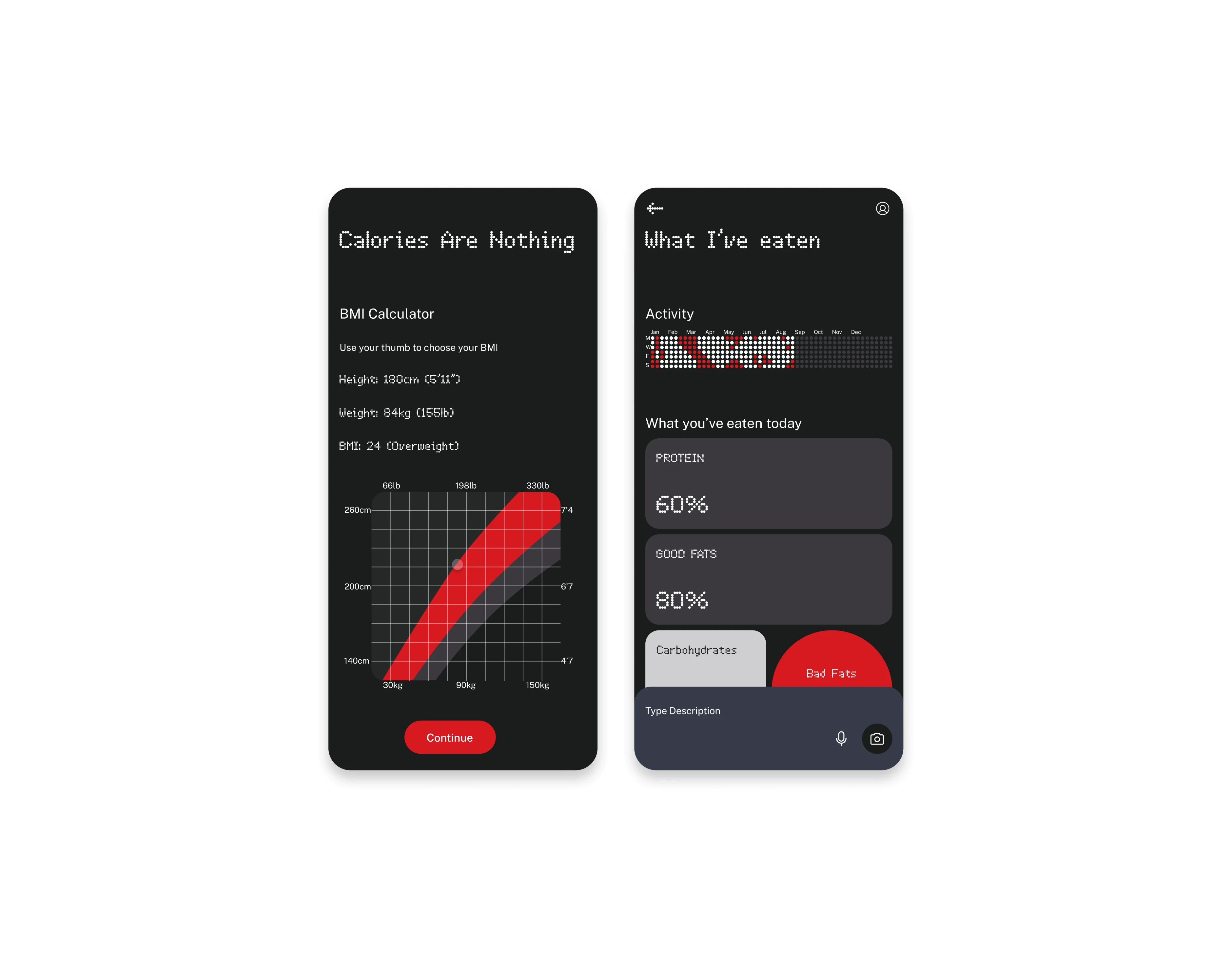Mobile UI app screens mockups about health tracking. The first screen shows a BMI calculator with a graph and a red continue button. The second screen displays dietary tracking with percentages of protein and good fats, and recent activity data.