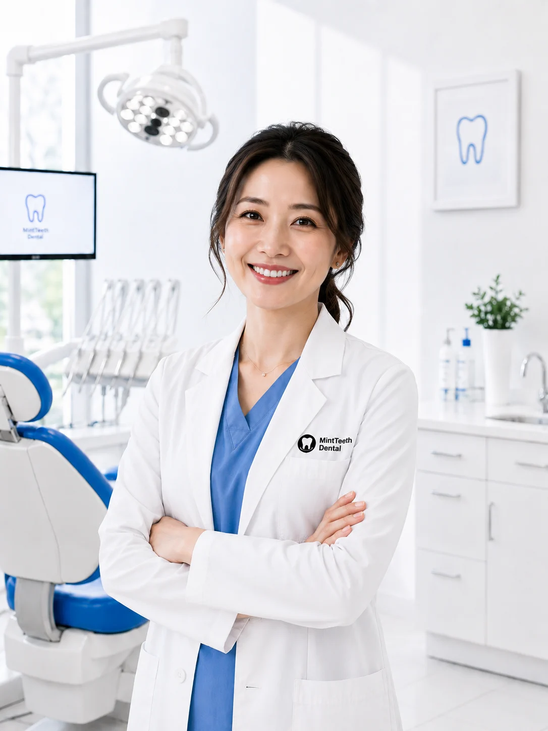 Dr. Sophia Miller smiling in a bright dental clinic portrait