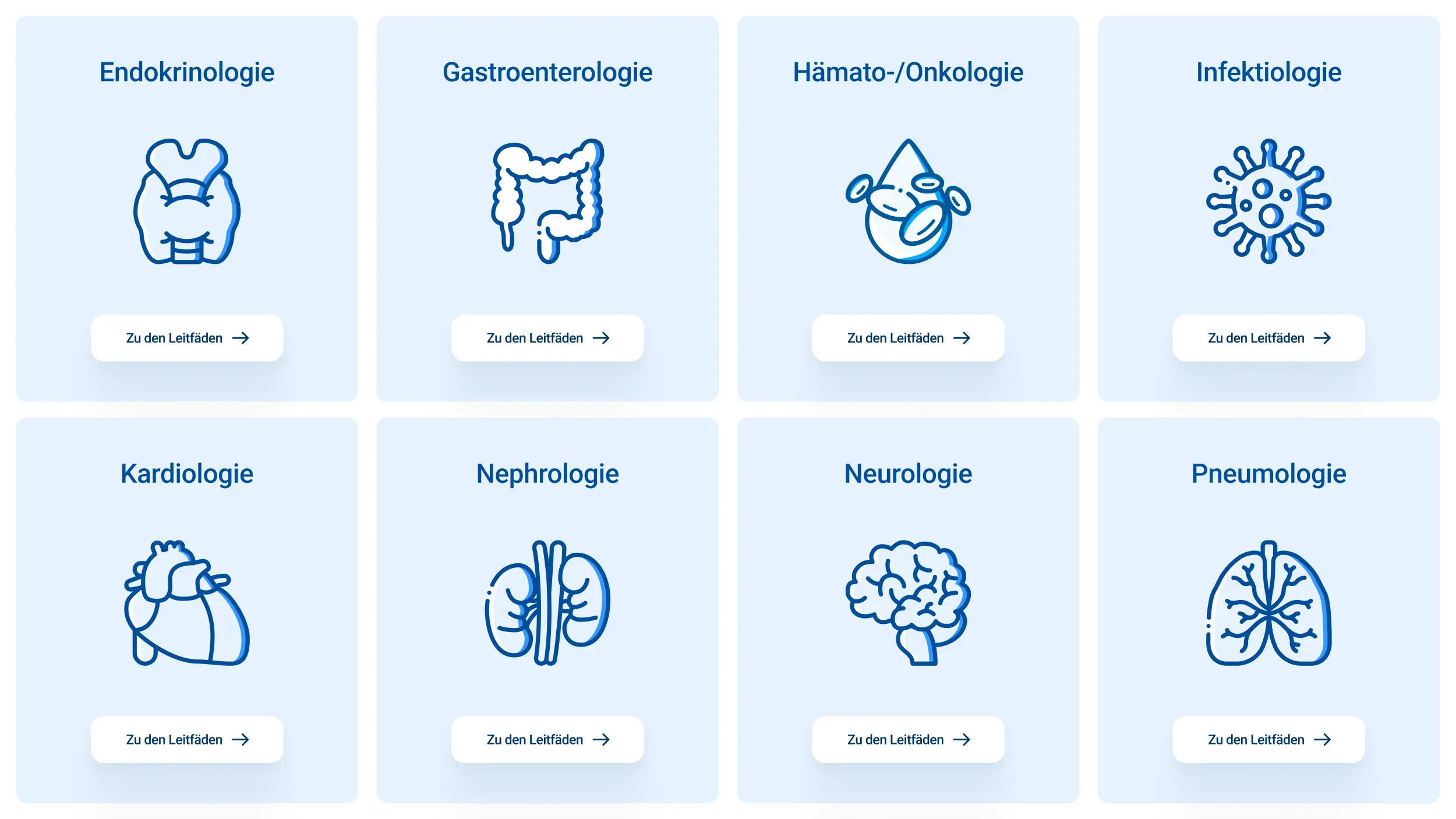 Acht Fachbereichs-Karten wie Kardiologie, Neurologie und Pneumologie mit Button „Zu den Leitfäden“.