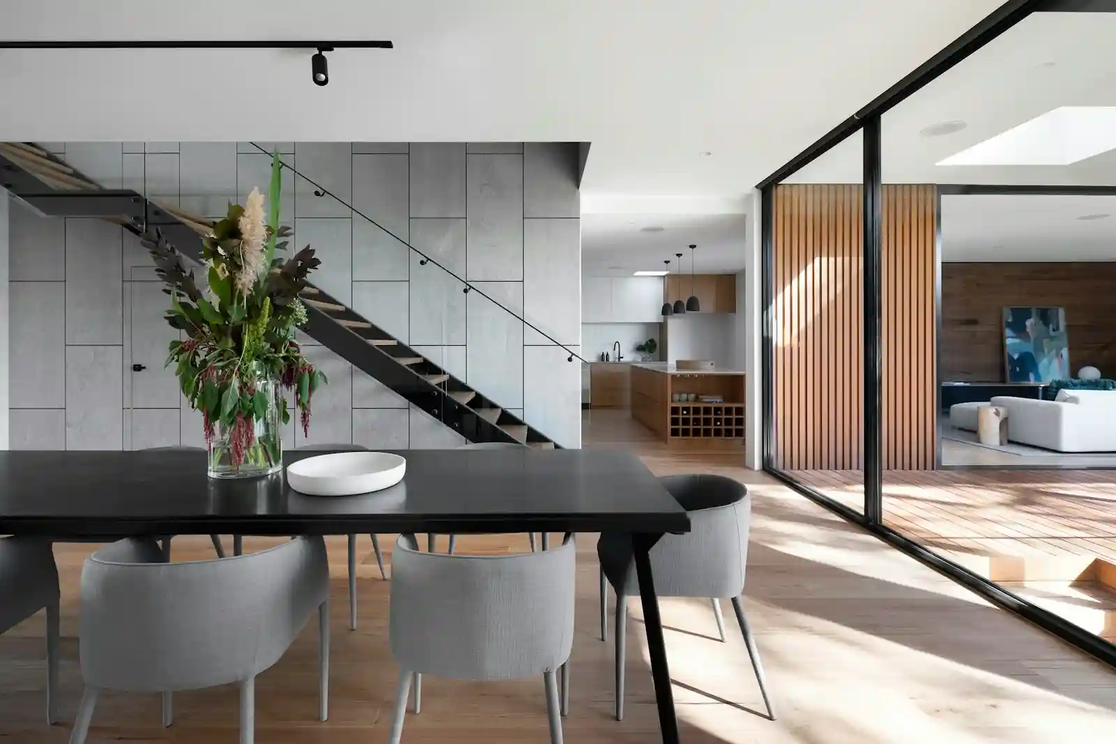 Warm contemporary living room with layered ambient lighting