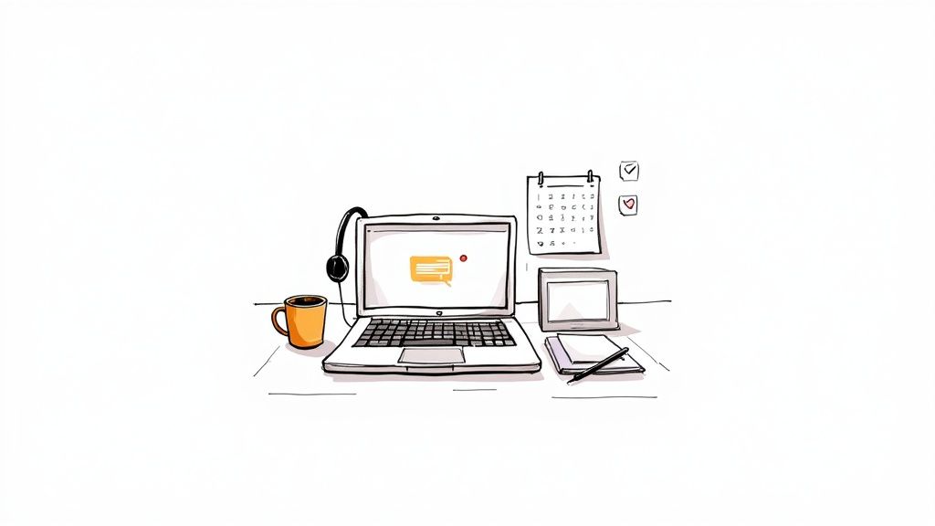 A hand-drawn illustration of a home office workspace with a laptop, headphones, coffee, calendar, and notebook.
