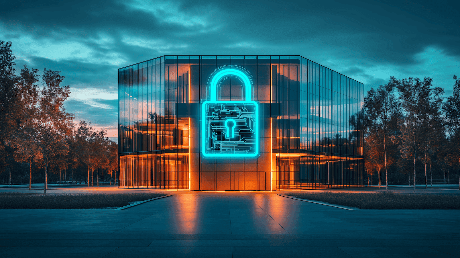 A glass business building at sundown with a big digital lock-pad on the front representing security measures