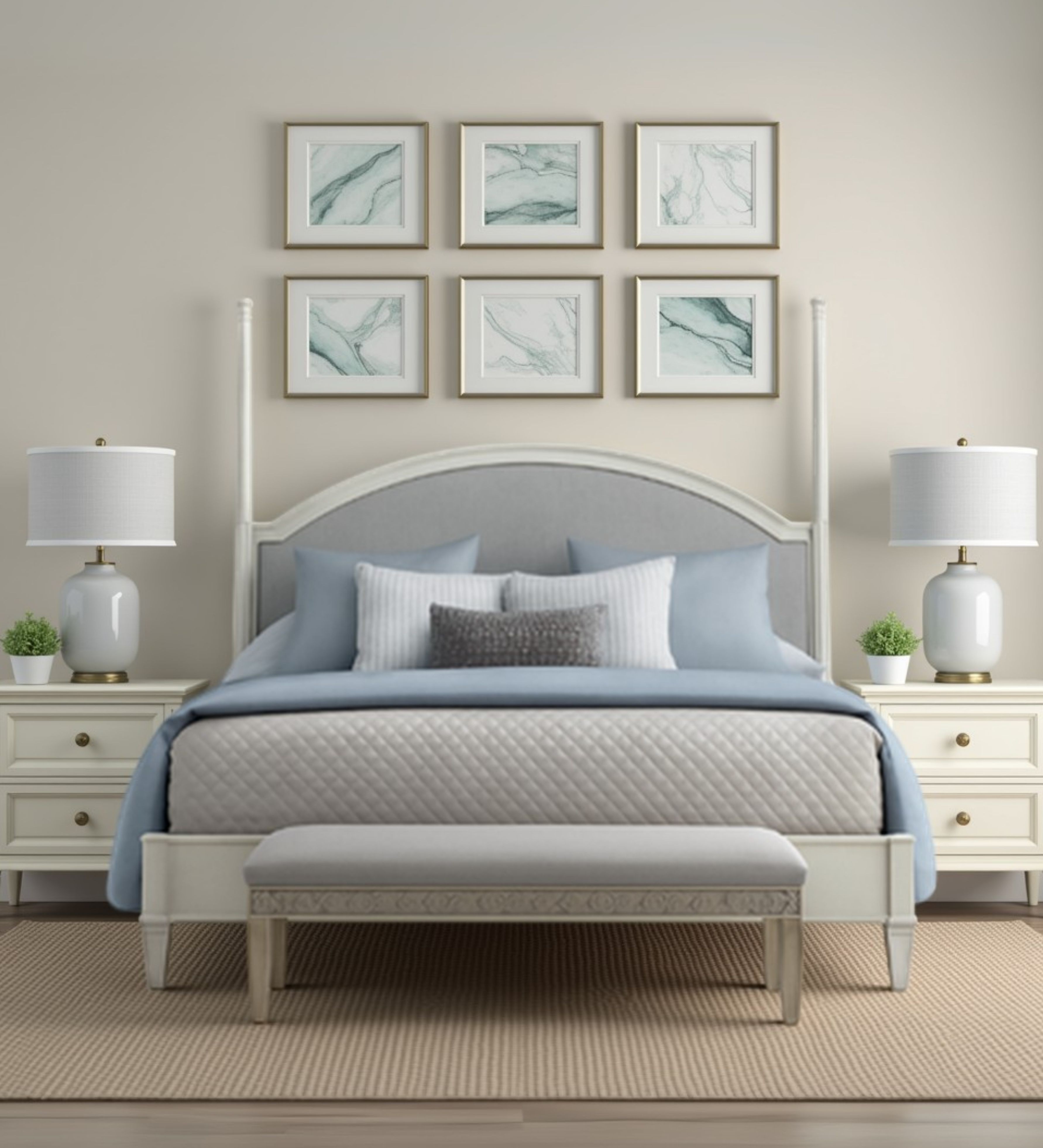 Panelled upholstered bed with curved headboard and compact proportions