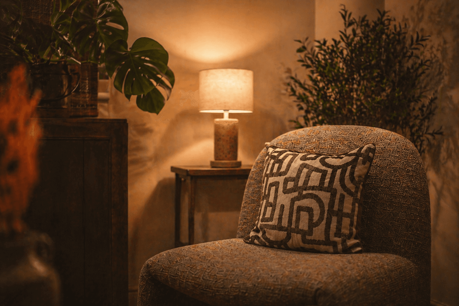 Contemporary interior with sculpted angled walls and a skylight filling the space with natural light.