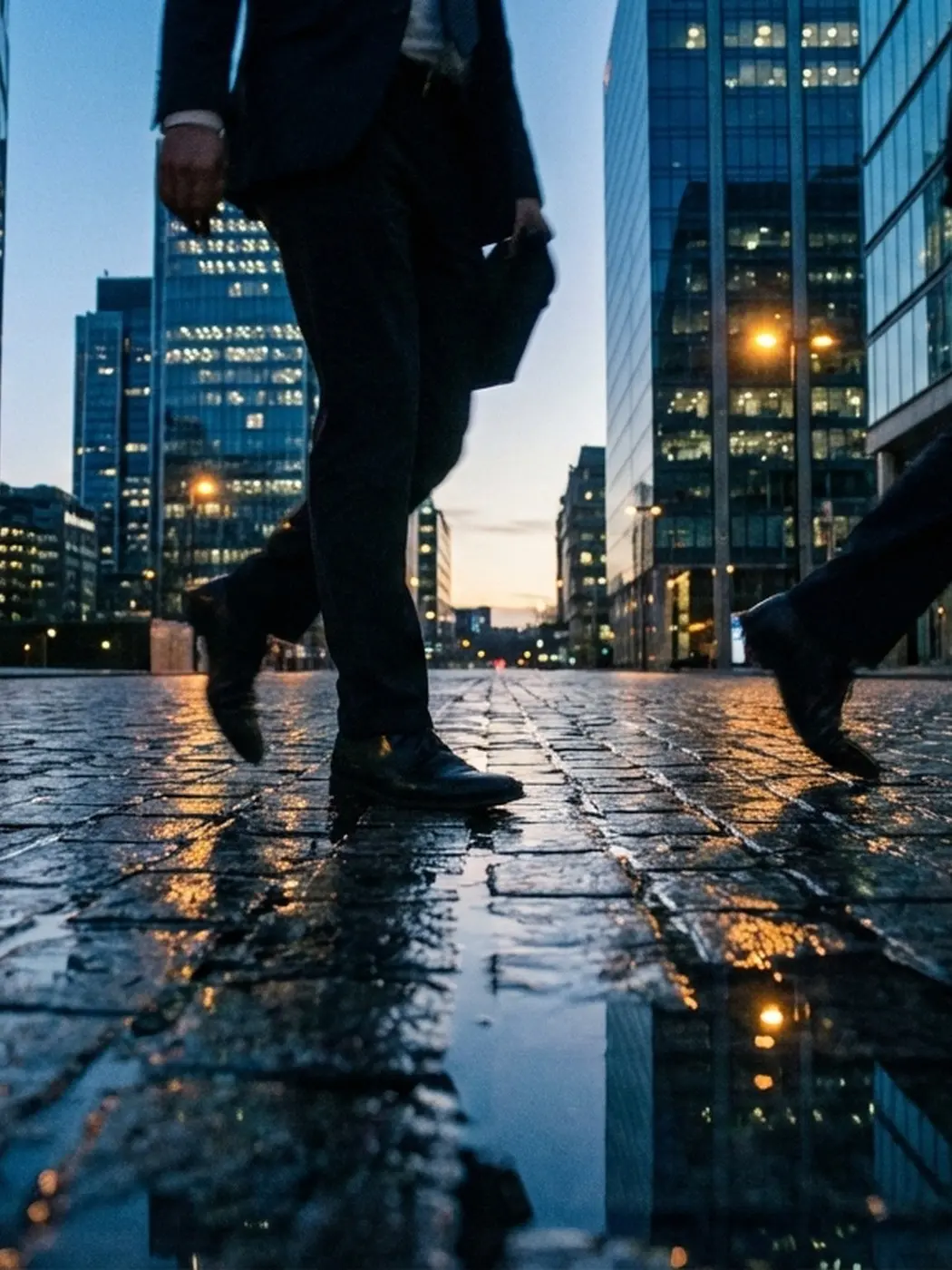 Businessmen walking on wet city street at dusk