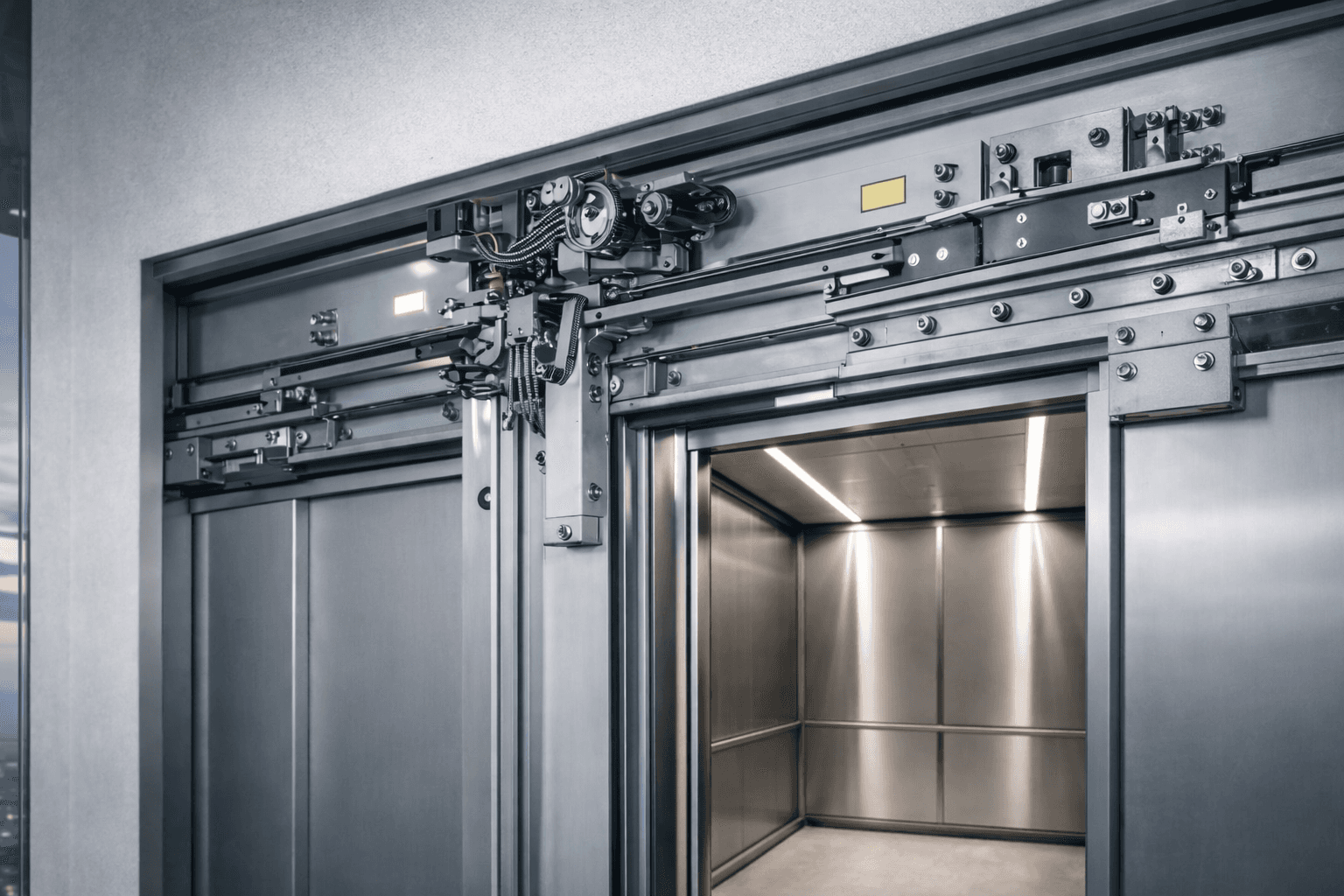 close-up of automatic elevator door mechanism with metal components
