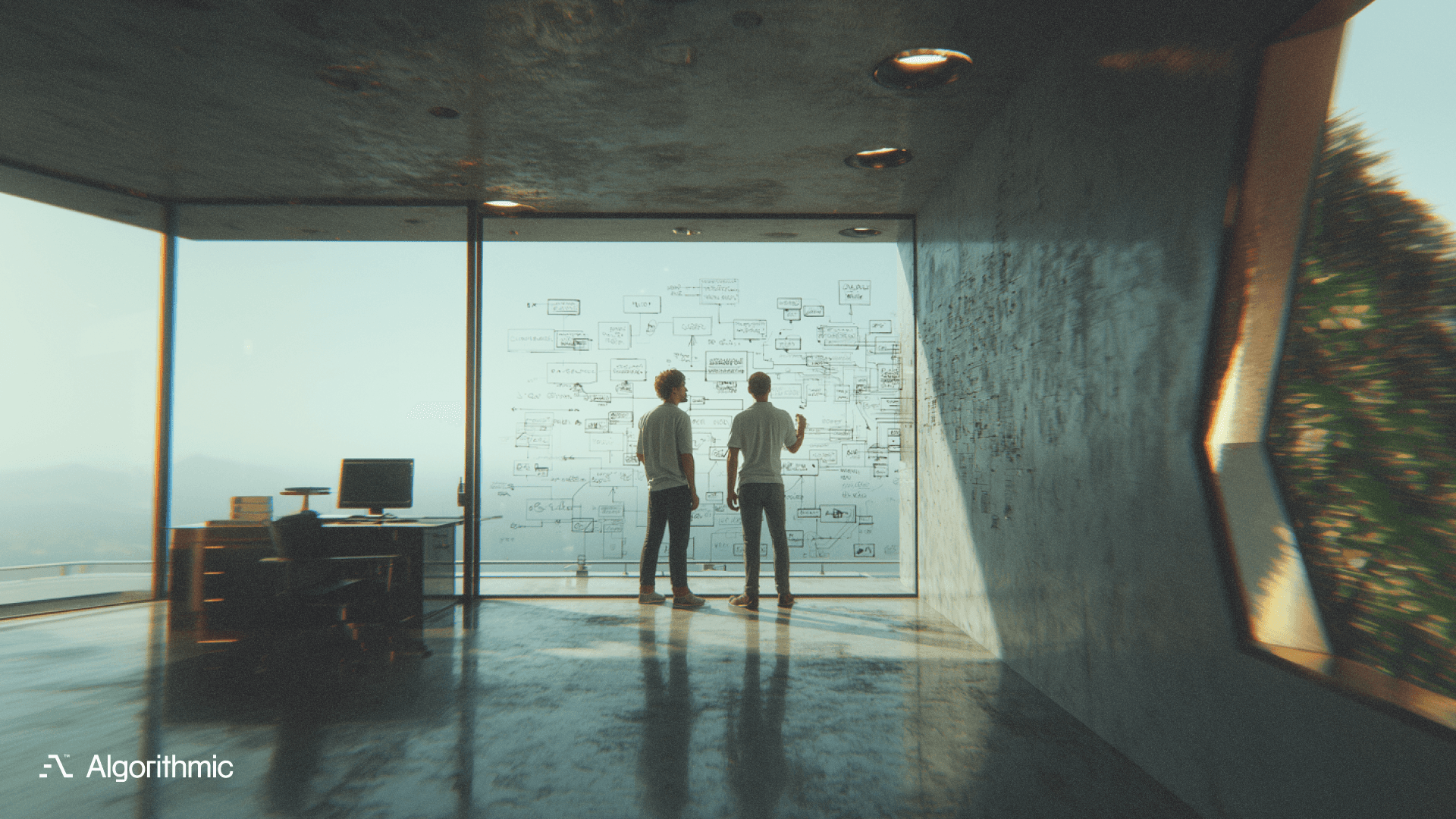 Senior architect reviewing structural blueprints on a large table in a modern office with natural light, representing the importance of sound architectural planning in software development.