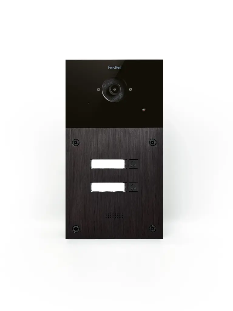 Black smart home device with screen showing time and temp