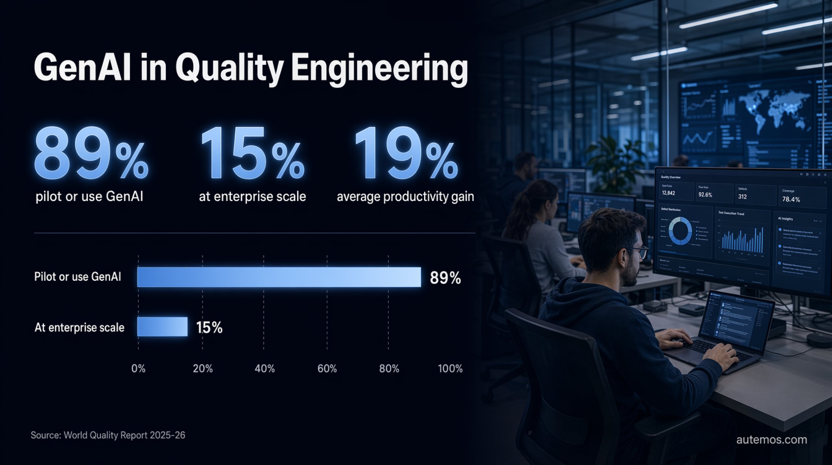 GenAI in quality engineering: 89 percent pilot or use it, only 15 percent at enterprise scale, 19 percent average productivity gain (World Quality Report 2025-26).