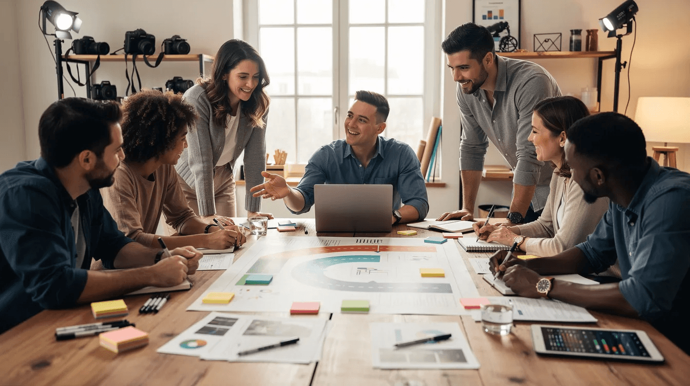 The image shows a studio owner and staff members engaged in a planning meeting around a table, discussing key performance indicators and analyzing relevant data to generate reports for business growth. They are likely using modern reporting tools to visualize data and make informed decisions based on up-to-date insights.