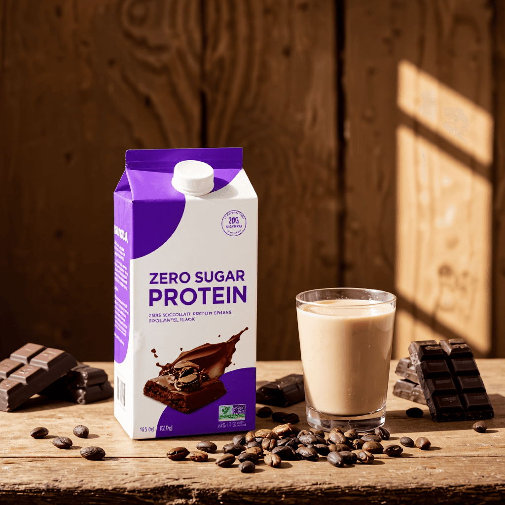 product photography of a carton of protein drink with zero sugar
