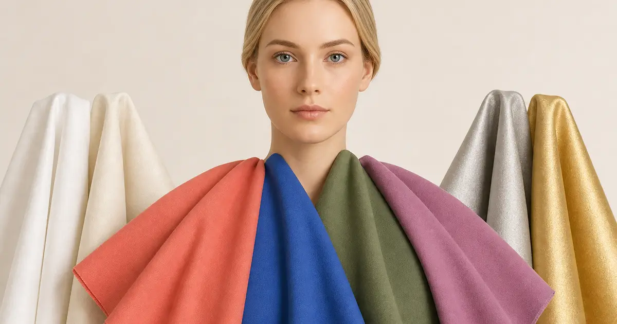 Portrait beside coral, cobalt, olive, mauve, white, cream, silver, and gold fabrics for color comparison