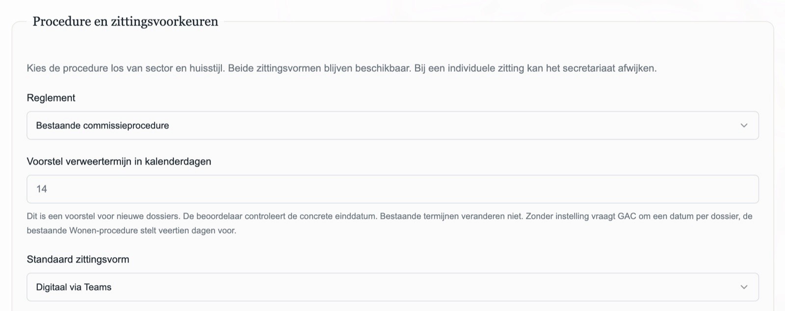 Product Studio, onderdeel Procedure en zittingsvoorkeuren: Reglement Bestaande commissieprocedure, Voorstel verweertermijn in kalenderdagen 14 en Standaard zittingsvorm Digitaal via Teams.