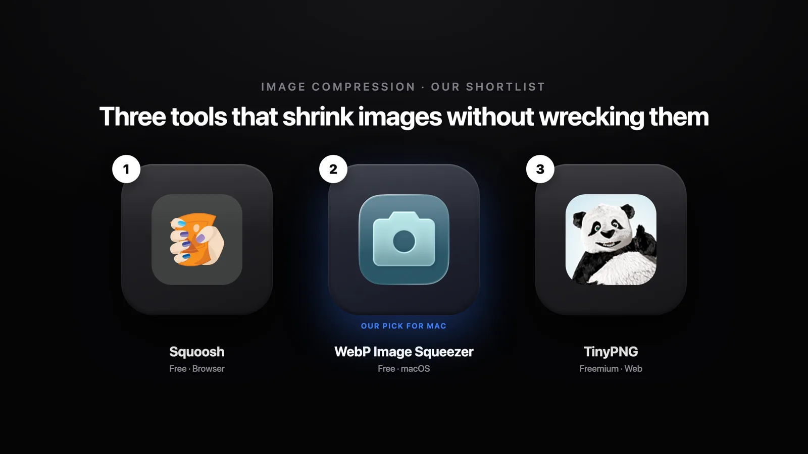 Top three free image compression tools: Squoosh, WebP Image Squeezer and TinyPNG