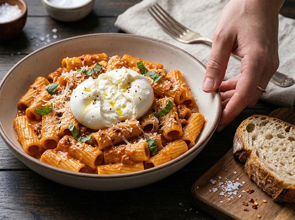 A hand reaching for a bowl of 'nduja riagtoni with burrata and basil from Porcellino Artisanal Meats receipes.
