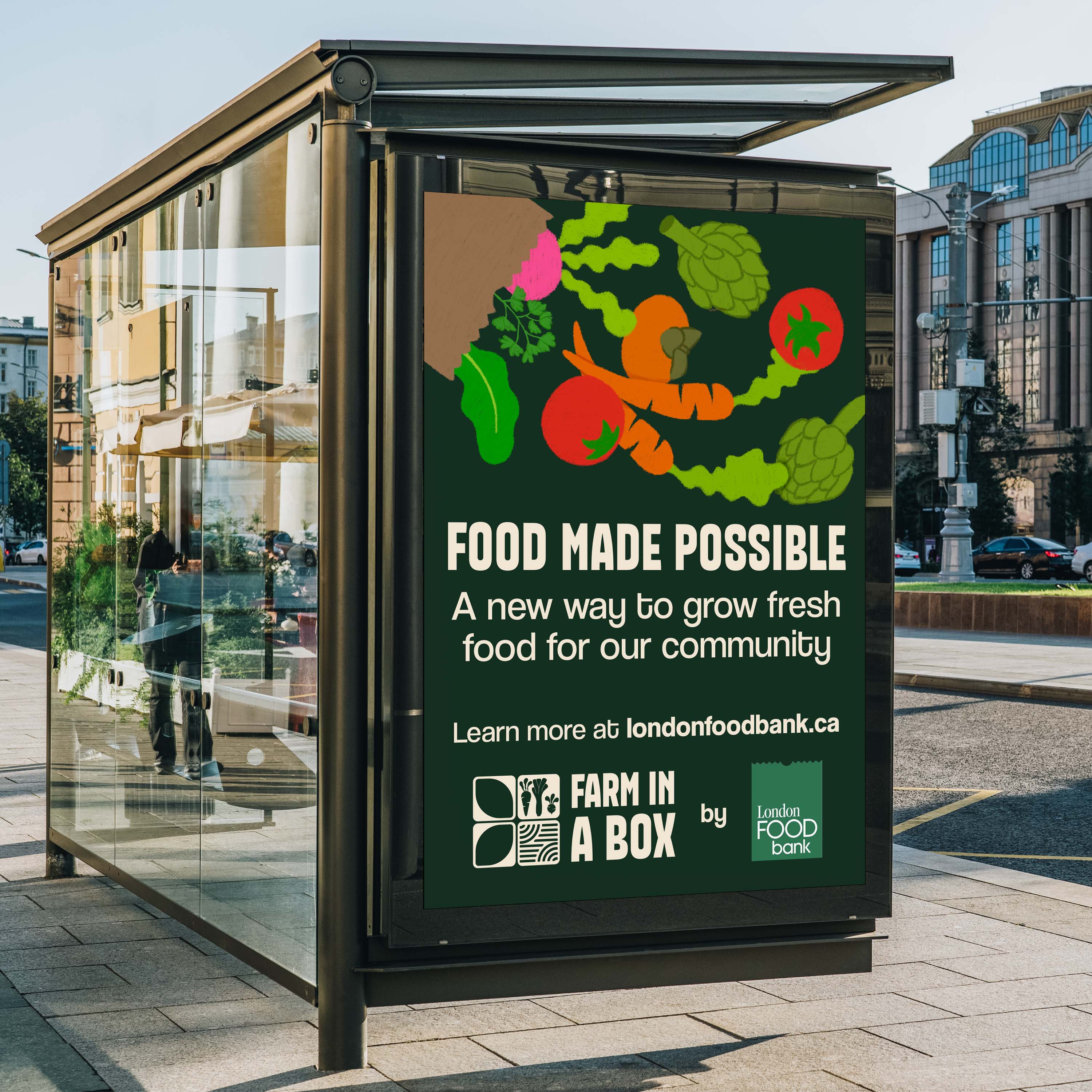 Mockup of the bus shelter design concept on a bus shelter frame. 