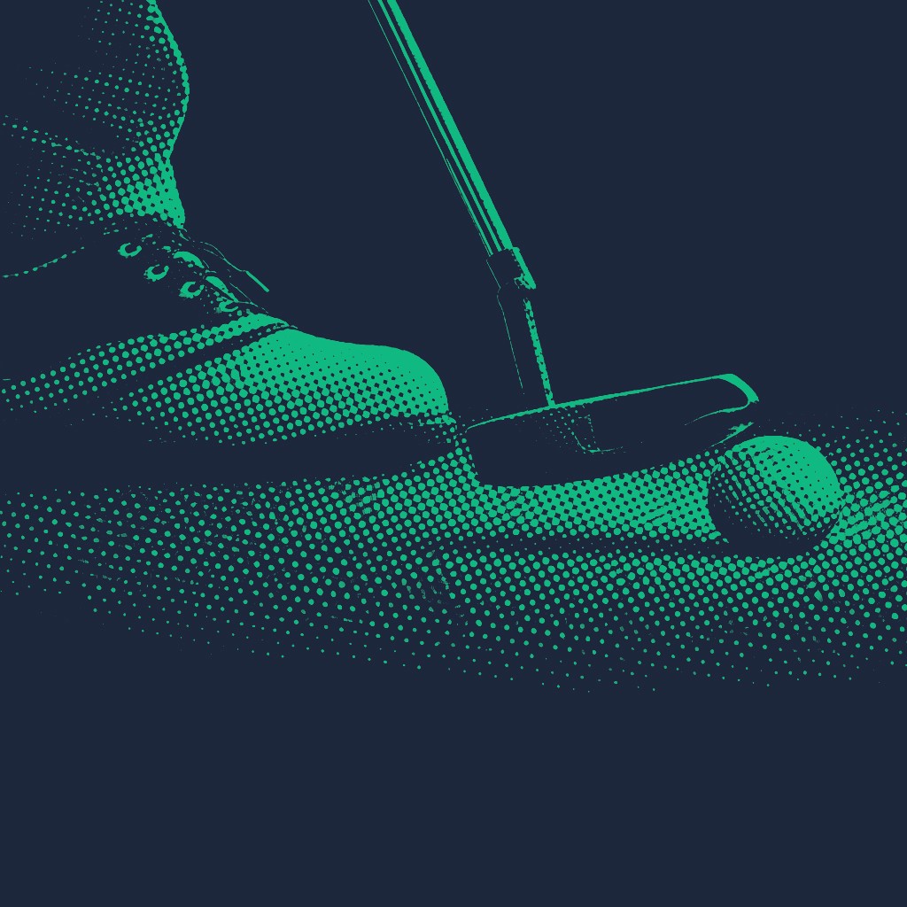 A low-angle teal illustration showing a golfer’s shoe and a putter making contact with a ball, captured from ground level.