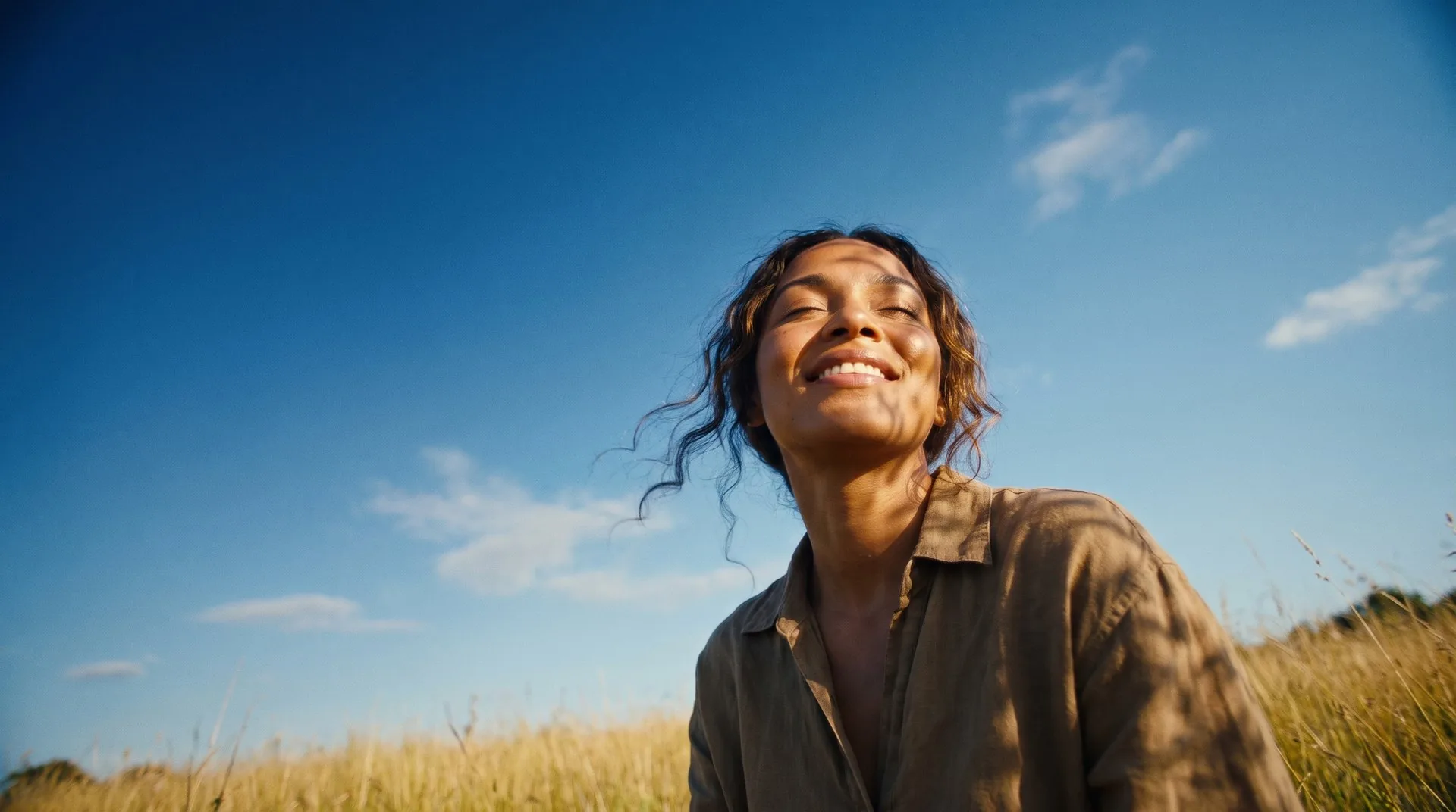 A woman in a sunlit field, head tilted up with a joyful smile toward a blue sky, a moment of freedom and calm.