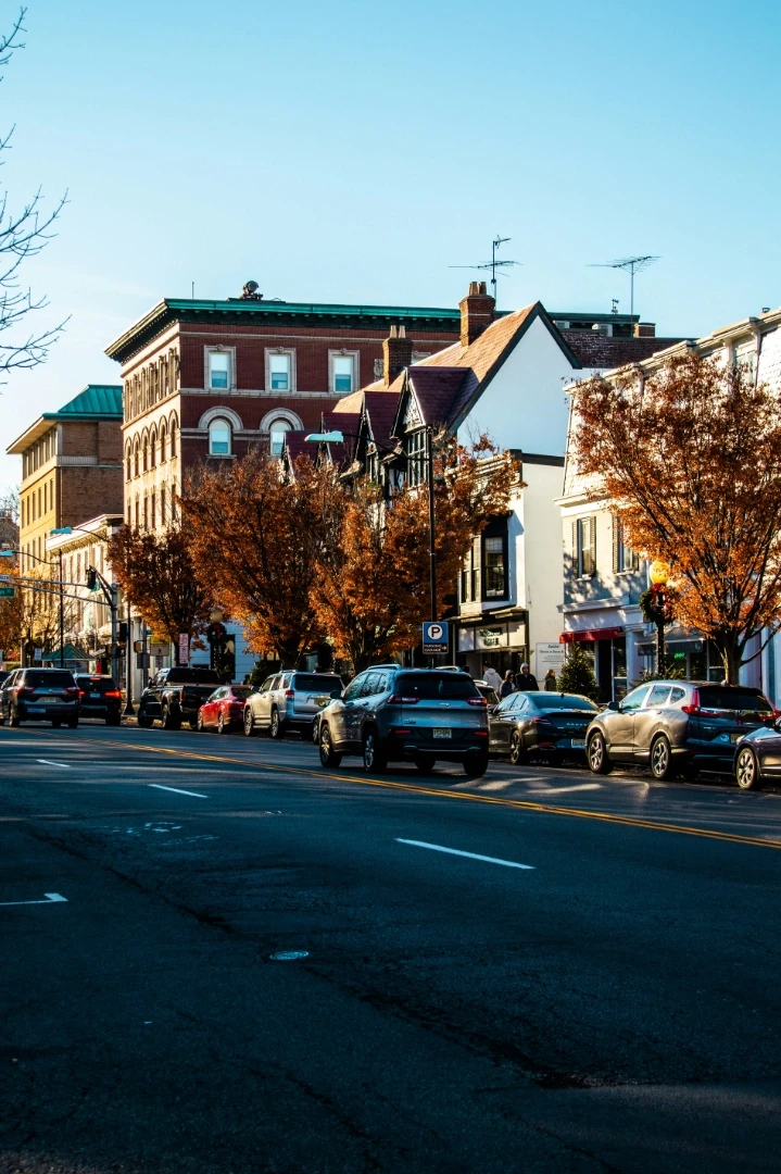 A city street, in Princeton, lined with parked cars next to tall buildings.