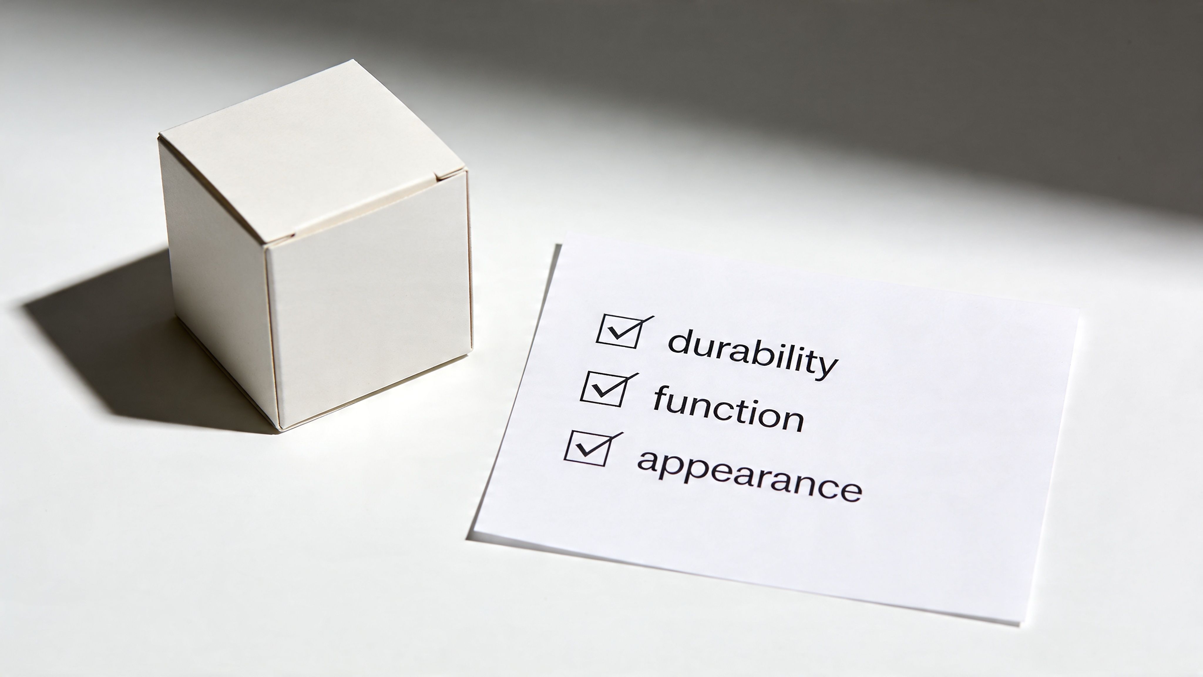 A white square box next to a checklist showing checked boxes for durability, function, and appearance.