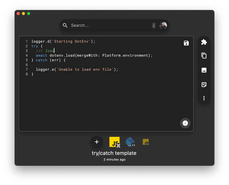 Editing a snippet in Pieces for Developers.