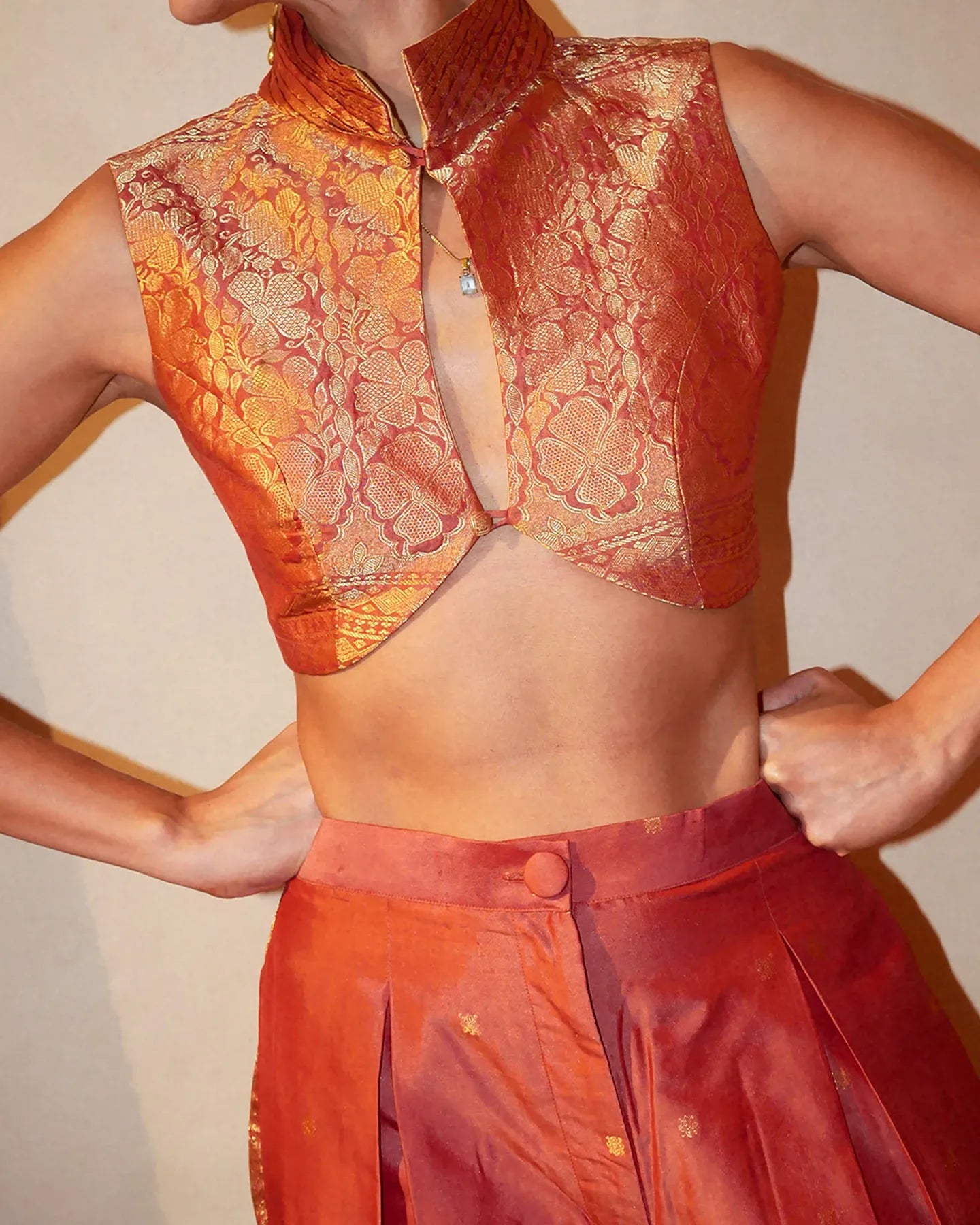 TARINI is our one-of-a-kind handcrafted silk waist coat set, made in-house using&nbsp; vintage saree fabric