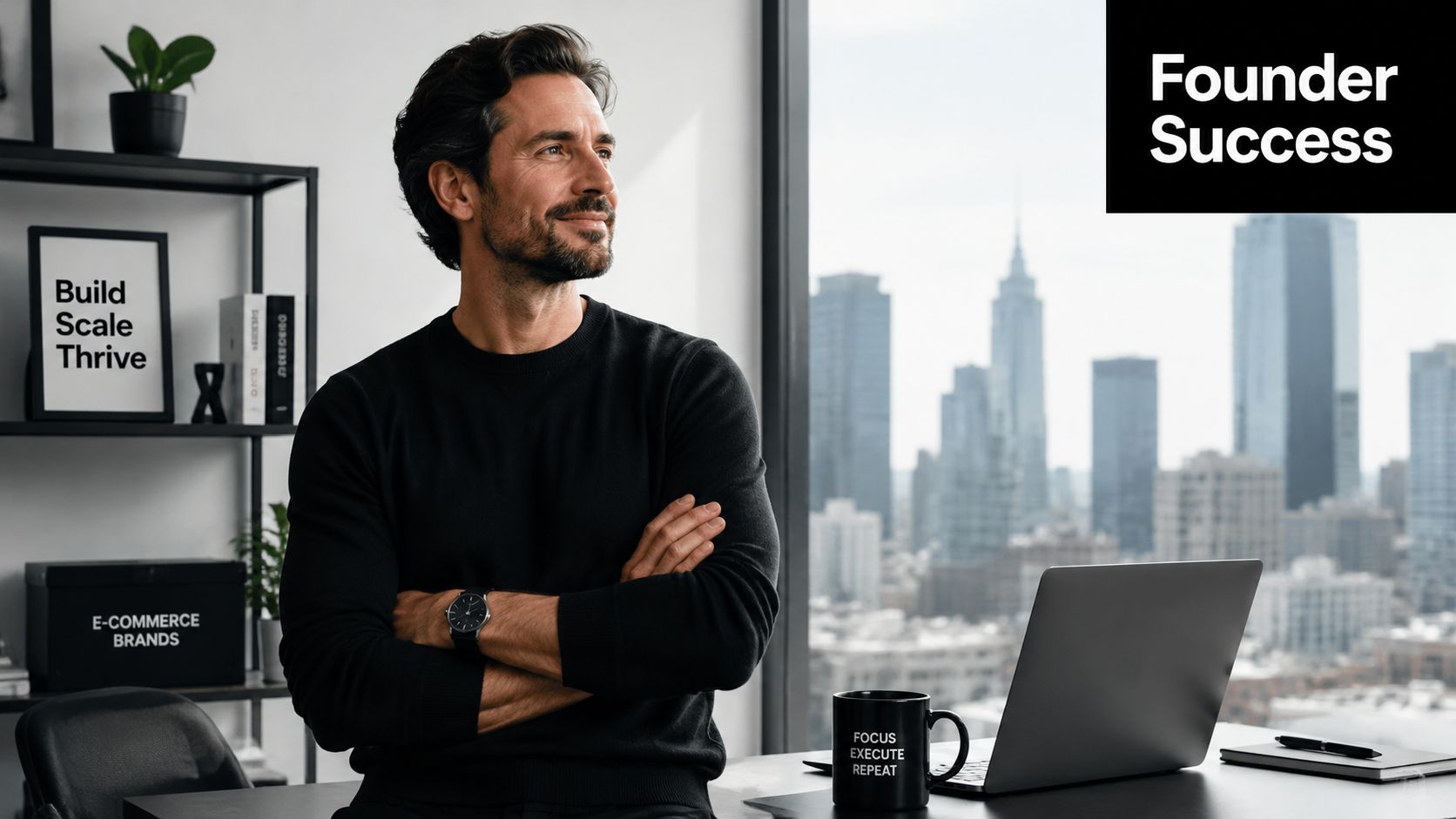 A professional entrepreneur looking out a city office window with a laptop and success-oriented branded items.