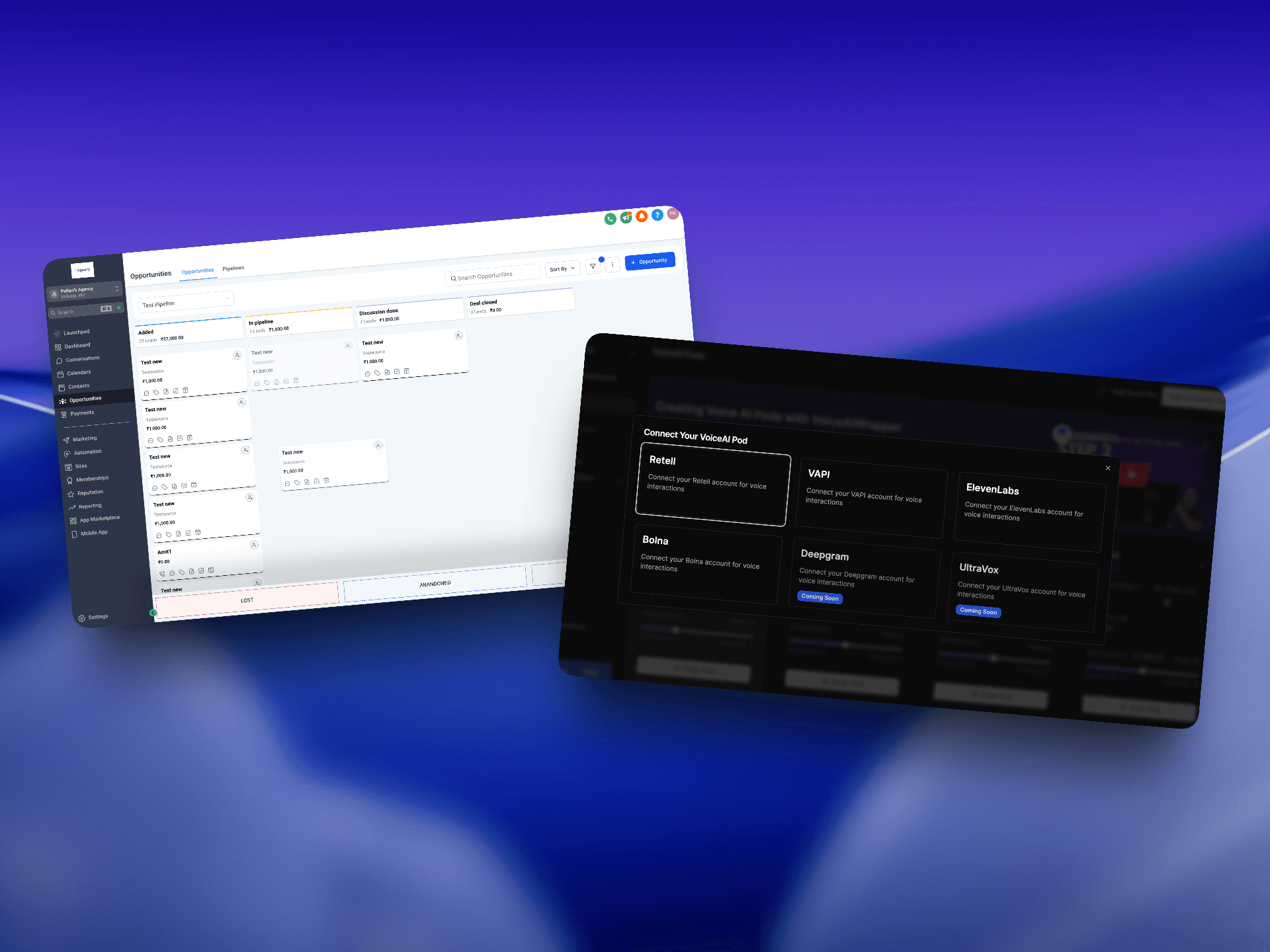 GHL voice AI dialer platform showing light and dark interface modes with multi-provider integration for Retell, VAPI, ElevenLabs | VoiceAIWrapper