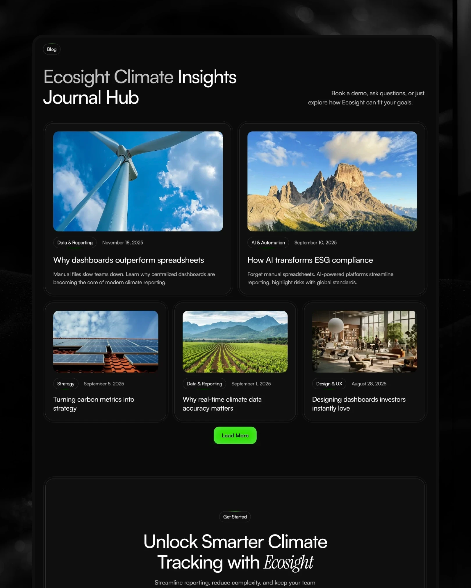 Ecosight climate insights blog hub with article cards — web design by Luna UI design studio