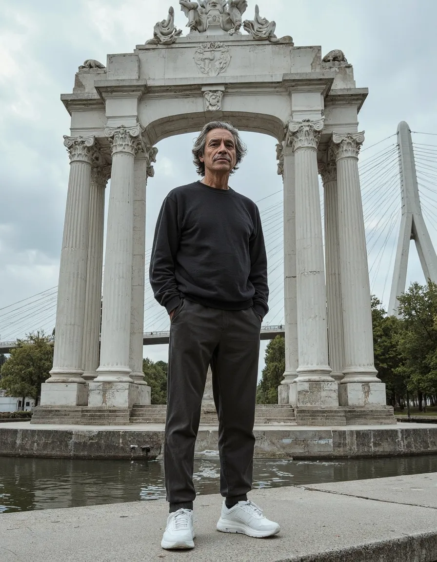 Person in dark minimalist outfit standing centered between classical stone columns with modern bridge visible in background