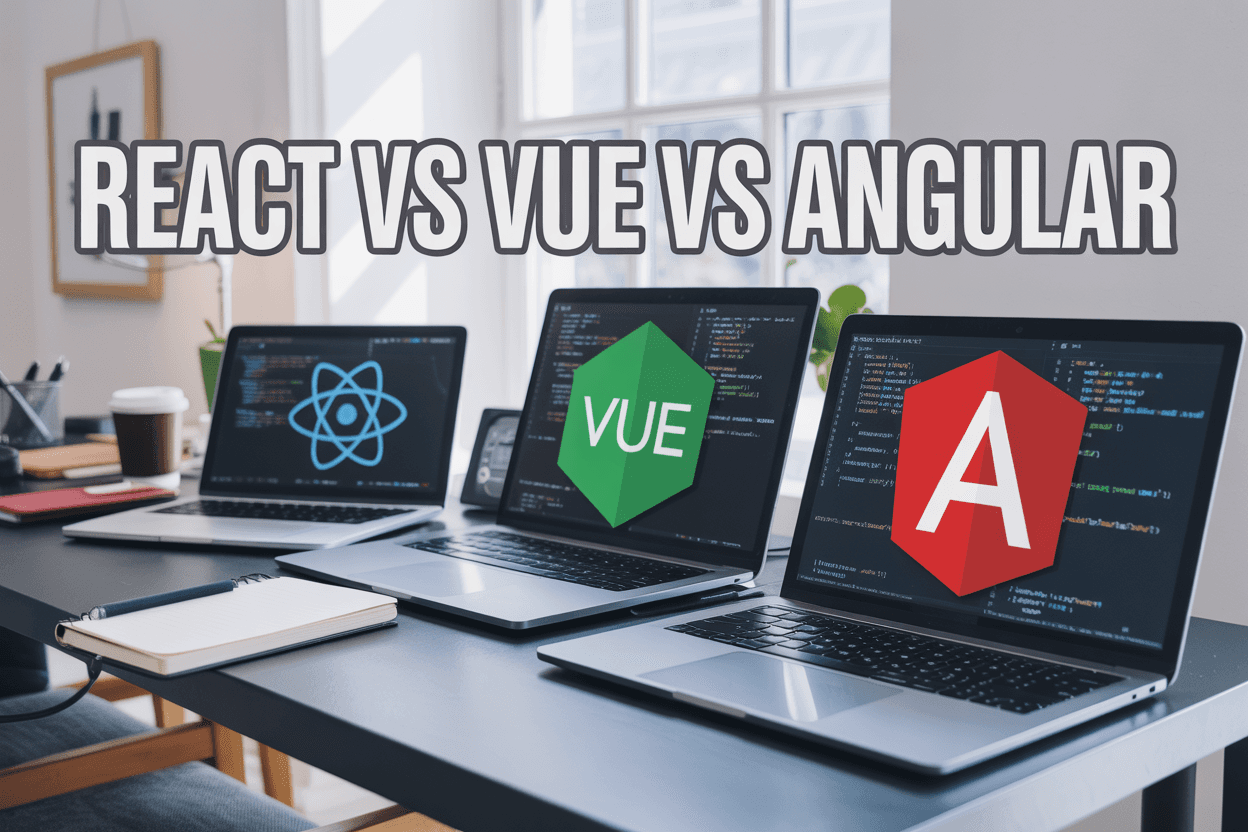 Comparison chart of React, Vue, and Angular frameworks highlighting their features and differences.